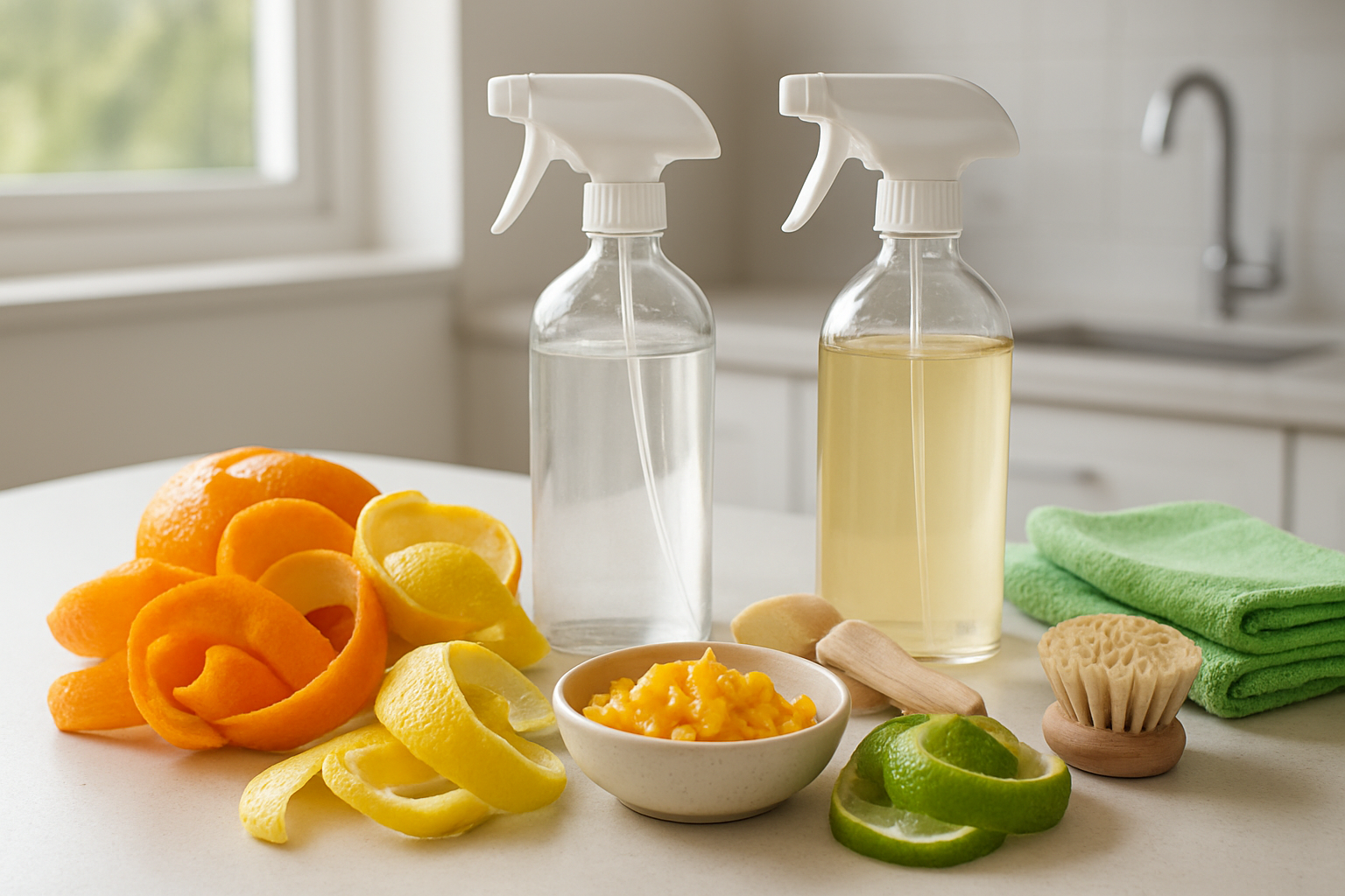 Create a realistic image of fresh citrus peels including orange, lemon, and lime rinds arranged on a clean kitchen counter next to glass spray bottles filled with natural cleaning solutions, with some peels being processed in a small bowl, surrounded by eco-friendly cleaning supplies like microfiber cloths and wooden brushes, set in a bright modern kitchen with natural lighting streaming through a window, creating a fresh and clean atmosphere that emphasizes sustainable living and zero waste practices, absolutely NO text should be in the scene.