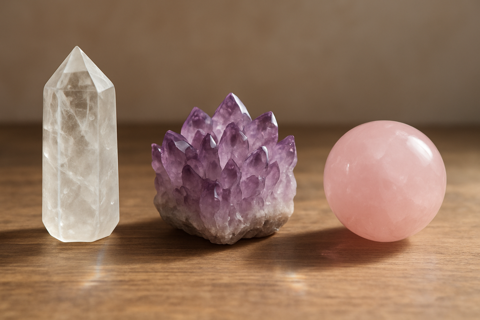 Create a realistic image of various crystal formations arranged on a natural wooden surface, featuring a pointed clear quartz crystal, an amethyst cluster with multiple terminations, and a polished rose quartz sphere, with soft natural lighting creating gentle shadows and subtle energy-like light reflections around each crystal shape, set against a clean minimalist background with warm earthy tones, showcasing the distinct geometric properties and natural beauty of each crystal form. Absolutely NO text should be in the scene.