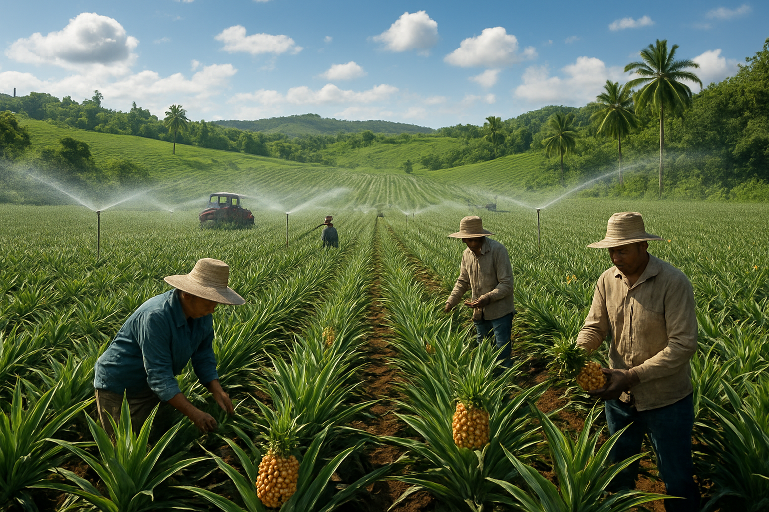 Create a realistic image of vast pineapple plantations stretching across rolling hills with neat rows of spiky pineapple plants in various growth stages, some bearing golden ripe pineapples, featuring modern irrigation systems with sprinklers, agricultural machinery including tractors in the background, workers of mixed races and genders tending to the crops wearing sun hats and work clothes, under bright tropical sunlight with scattered white clouds in a blue sky, surrounded by palm trees and lush green vegetation typical of tropical farming regions, showing the scale and organization of commercial pineapple cultivation, absolutely NO text should be in the scene.