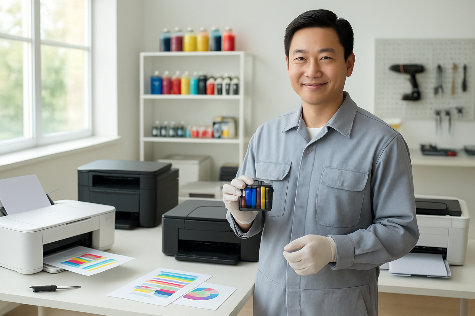 Create a realistic image of a clean, modern printer service workshop with multiple=