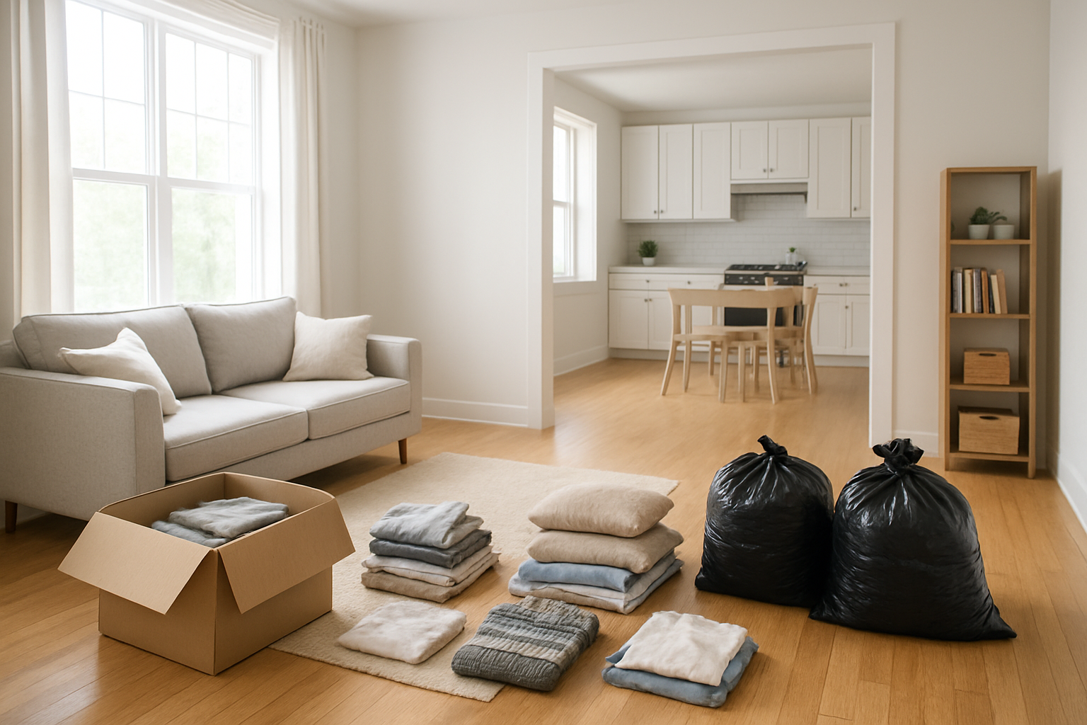 Create a realistic image of an organized home interior showing a systematic decluttering approach with multiple rooms visible in an open floor plan layout, featuring a living room with neatly arranged items separated into organized piles on the floor including donation boxes, keep items, and discard bags, a partially visible kitchen with clean countertops and organized cabinets, bright natural lighting streaming through large windows creating a fresh and airy atmosphere, clean white and neutral colored walls, hardwood floors, minimal furniture placement showing the transformation from cluttered to organized spaces, with a sense of calm and refreshed energy throughout the scene, absolutely NO text should be in the scene.