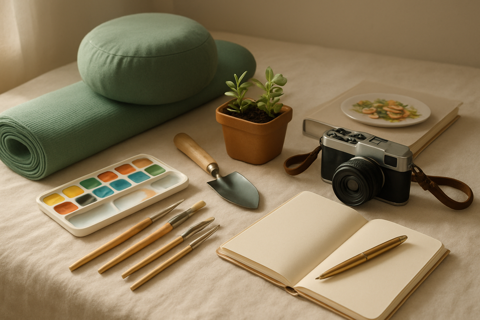 Create a realistic image of a beautifully arranged collection of meaningful gifts spread on a soft white surface, including art supplies like watercolor paints and brushes, a yoga mat with meditation cushions, gardening tools with small potted plants, a high-quality cookbook, a camera with vintage leather strap, and a journal with elegant pen, all bathed in warm natural lighting from a nearby window, creating gentle shadows and highlighting the thoughtful nature of each item, with soft pastel colors and a serene, inspiring atmosphere that conveys support for personal hobbies and passions, absolutely NO text should be in the scene.