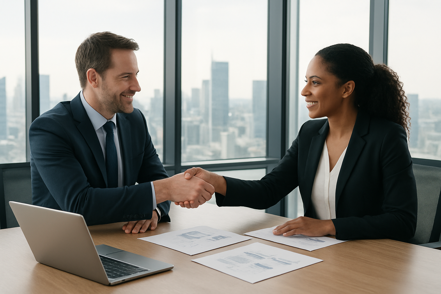 Create a realistic image of two diverse business executives, one white male and one black female, shaking hands across a modern conference table with laptops and documents spread out, surrounded by floor-to-ceiling windows showing a city skyline, with soft natural lighting creating a professional atmosphere that conveys successful partnership negotiations, absolutely NO text should be in the scene.