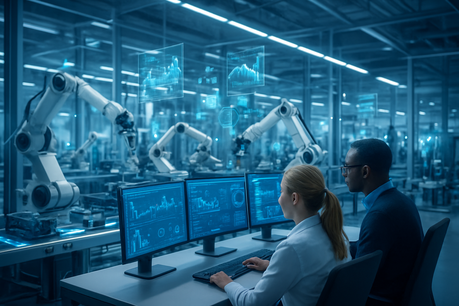 Create a realistic image of a modern smart manufacturing facility showcasing the future of AI-transformed production, featuring sleek automated robotic arms assembling high-tech components on illuminated production lines, holographic data displays floating above machinery showing predictive analytics charts and performance metrics, interconnected IoT sensors glowing softly throughout the factory floor, a diverse group of two engineers - one white female and one black male - monitoring operations from a central control station with multiple digital screens, conveying innovation and technological advancement through clean industrial architecture with glass walls, bright LED lighting, and a sophisticated blue and white color scheme that emphasizes connectivity and intelligence, absolutely NO text should be in the scene.