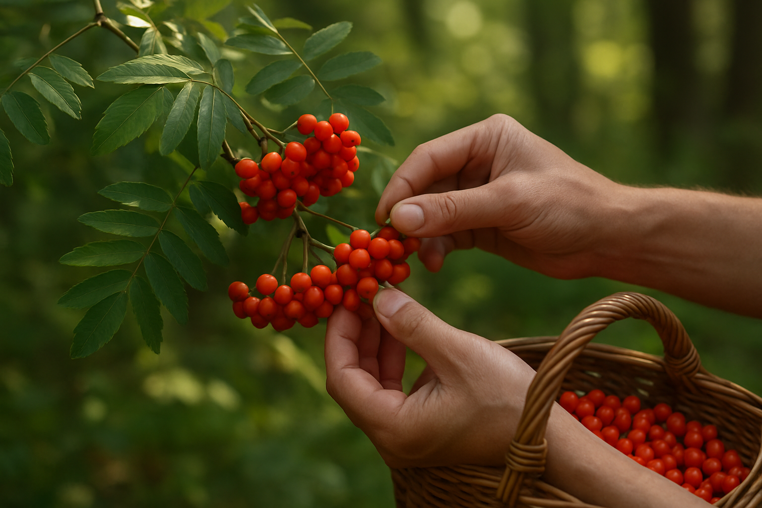 Create a realistic image of a person's hands gently picking bright red-orange rowanberries from a mountain ash tree branch, with a wicker foraging basket partially visible in the frame containing freshly collected rowanberries, set in a natural forest environment with dappled sunlight filtering through the canopy, showing the distinctive compound leaves and clusters of small round berries on the tree, with a soft natural lighting that highlights the vibrant color of the rowanberries against the green foliage, absolutely NO text should be in the scene.