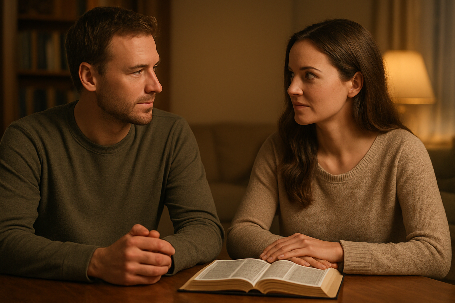 Create a realistic image of a white male and white female couple sitting together at a wooden table in a warm, softly-lit living room, looking at each other with calm, understanding expressions while having a peaceful conversation, with an open Bible placed on the table between them, comfortable home furnishings in the background including bookshelves and soft lighting from a nearby lamp, conveying an atmosphere of mutual respect, communication, and spiritual connection, absolutely NO text should be in the scene.