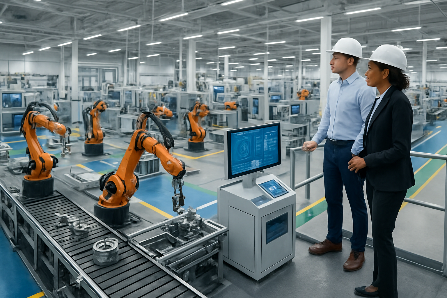 Create a realistic image of a modern manufacturing facility with multiple strategic implementation zones showing immediate value delivery, featuring automated robotic arms assembling precision components, AI-powered quality control stations with digital monitoring screens, efficient conveyor belt systems moving products seamlessly, a white male engineer and a black female supervisor observing operations from an elevated platform, bright industrial lighting illuminating clean production lines, organized workflow areas with color-coded efficiency zones, advanced machinery operating in perfect synchronization, and a professional atmosphere demonstrating optimized manufacturing processes, absolutely NO text should be in the scene.
