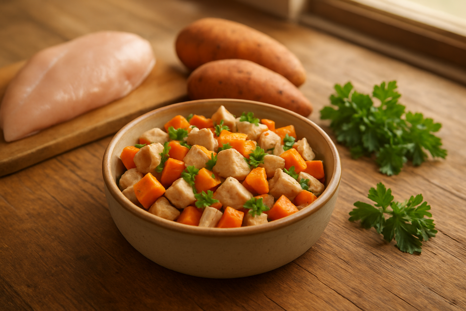 Create a realistic image of a beautifully prepared homemade dog food bowl containing cooked diced chicken pieces and cubed sweet potatoes, garnished with fresh parsley, sitting on a rustic wooden kitchen counter next to raw ingredients including fresh chicken breast, whole sweet potatoes, and herbs, with warm natural lighting streaming from a nearby window creating a cozy kitchen atmosphere, shot from a slightly elevated angle to showcase the appetizing meal and ingredients, absolutely NO text should be in the scene.