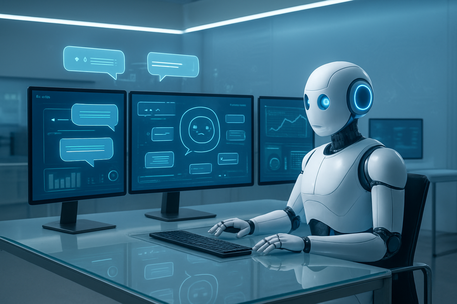 Create a realistic image of a modern office environment showing an advanced AI chatbot interface on multiple computer screens with floating holographic chat bubbles and automated response indicators, a sleek white robotic assistant with blue LED accents positioned at a customer service desk, digital displays showing real-time customer satisfaction metrics and response analytics, a clean minimalist workspace with glass surfaces and chrome accents, soft blue and white LED lighting creating a futuristic atmosphere, subtle tech elements like circuit patterns and data visualization charts in the background, absolutely NO text should be in the scene.