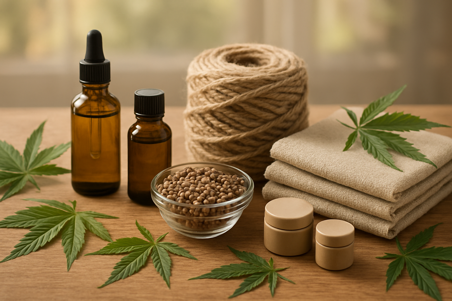 Create a realistic image of a diverse collection of hemp products arranged on a clean wooden table, including hemp oil bottles, hemp seeds in a glass bowl, hemp fiber rope, hemp clothing fabric samples, and small hemp-derived supplement containers, with fresh green hemp leaves scattered naturally around the products, set against a soft-focused natural background with warm daylight streaming through a window, creating gentle shadows and highlighting the textures of the various hemp materials, conveying a sense of sustainability and natural wellness, absolutely NO text should be in the scene.