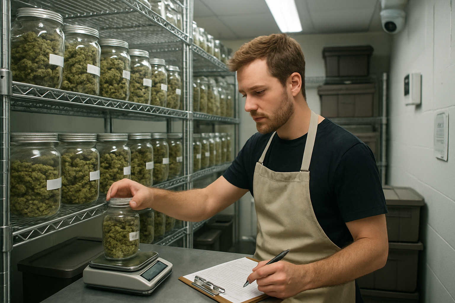 Create a realistic image of a white male budtender in his 30s working behind the scenes in a cannabis dispensary storage room, carefully organizing glass jars filled with different cannabis strains on metal shelving units, using a digital scale to weigh products, and updating inventory sheets on a clipboard, surrounded by professional storage containers, humidity control equipment, and security cameras, with bright fluorescent lighting illuminating the clean, organized workspace, showing the detailed preparation work that customers don't typically see. Absolutely NO text should be in the scene.