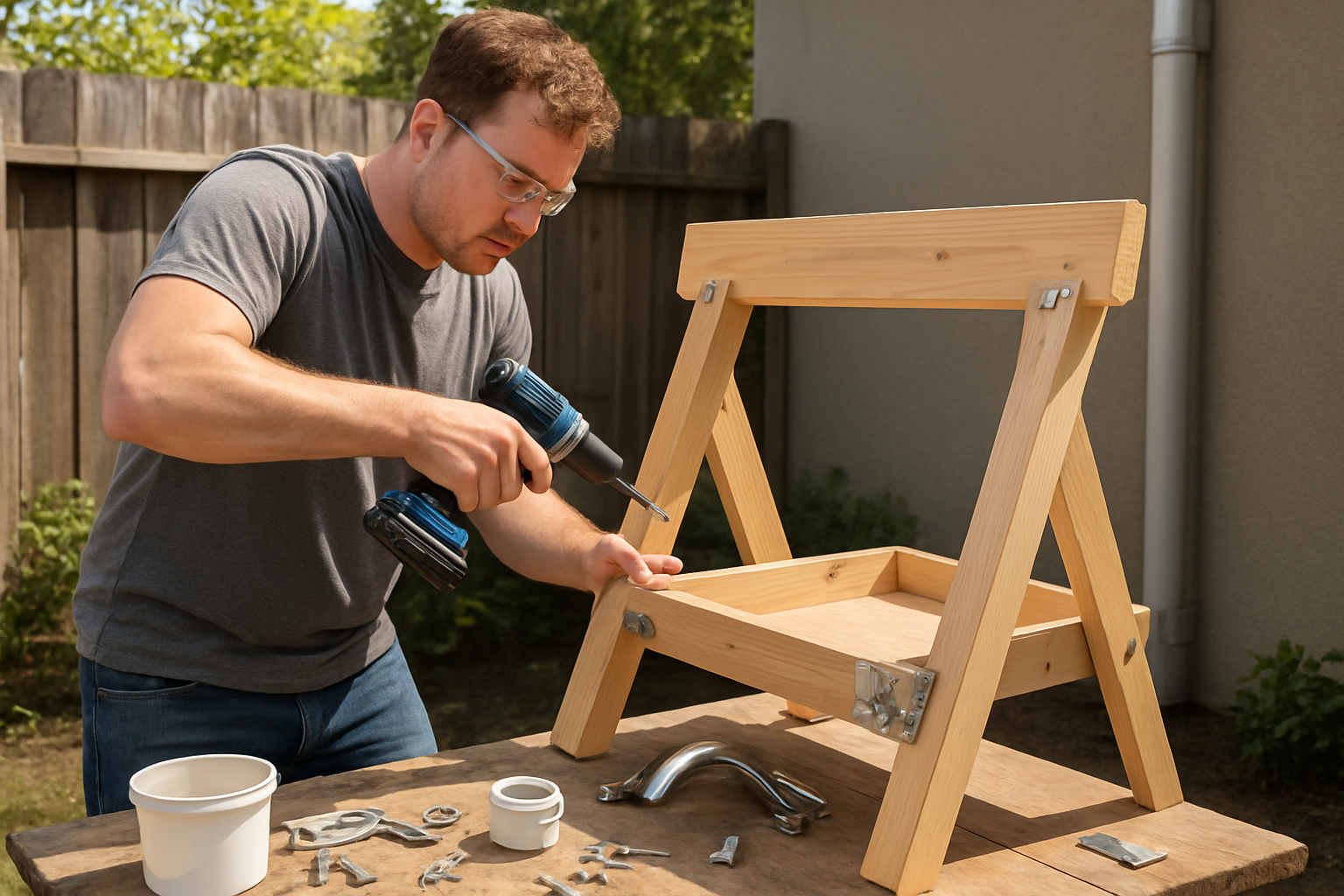 Create a realistic image of a white male person in casual work clothes and safety glasses using power tools to assemble wooden planks and metal hinges for a folding dog washing station in a small backyard setting, with construction materials like screws, brackets, and plumbing fixtures scattered on a workbench nearby, bright natural daylight illuminating the outdoor workspace, showing the step-by-step building process in action. Absolutely NO text should be in the scene.