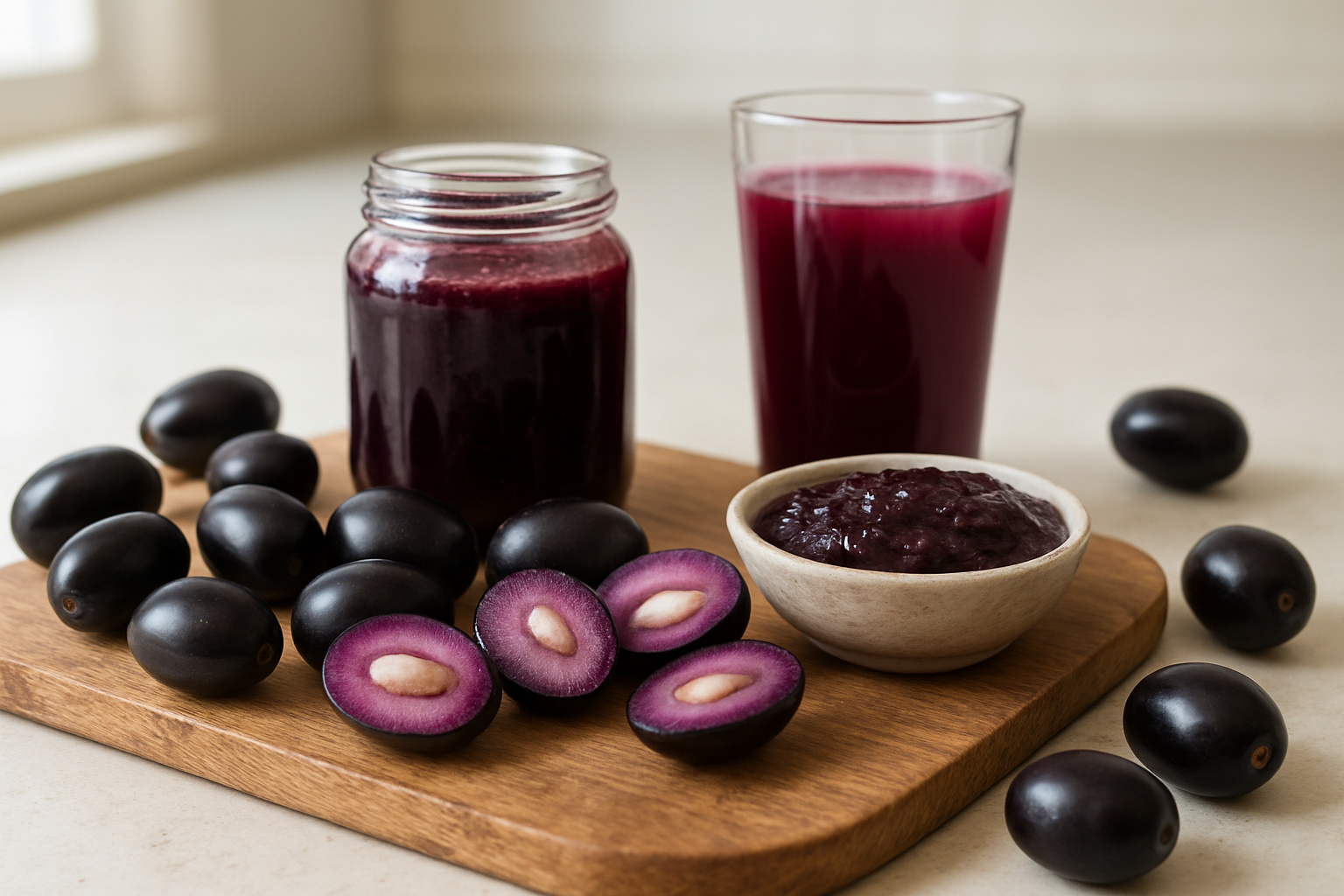 Create a realistic image of fresh jamun fruits arranged on a rustic wooden cutting board alongside various culinary preparations including jamun jam in a glass jar, jamun juice in a clear glass, sliced jamun fruits showing their purple flesh and white seeds, and a small bowl of jamun chutney, with scattered whole jamun fruits displaying their dark purple-black skin, set against a clean kitchen counter background with soft natural lighting from a nearby window, emphasizing the rich deep purple colors and culinary versatility of the fruit. Absolutely NO text should be in the scene.