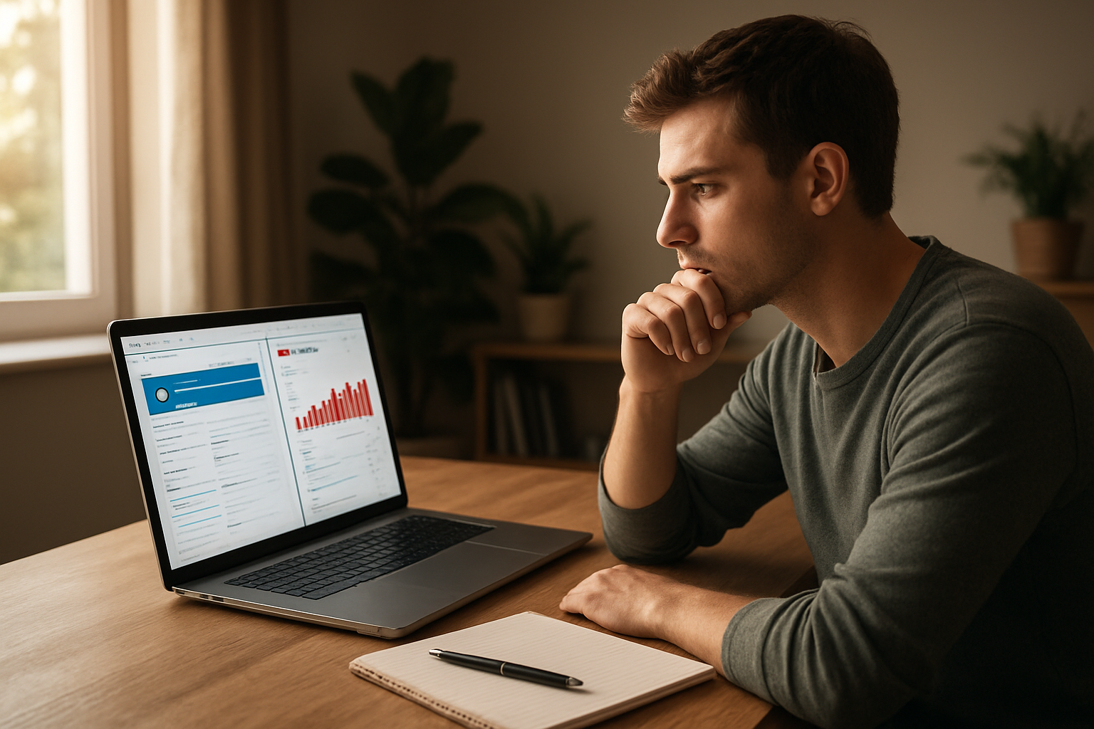 Create a realistic image of a young white male sitting at a wooden desk in a modern home office, looking thoughtfully at a split-screen laptop displaying a freelancing platform on one side and YouTube analytics on the other, with a notebook and pen nearby for decision-making, warm natural lighting from a window, plants in the background creating a contemplative atmosphere for career planning, absolutely NO text should be in the scene.