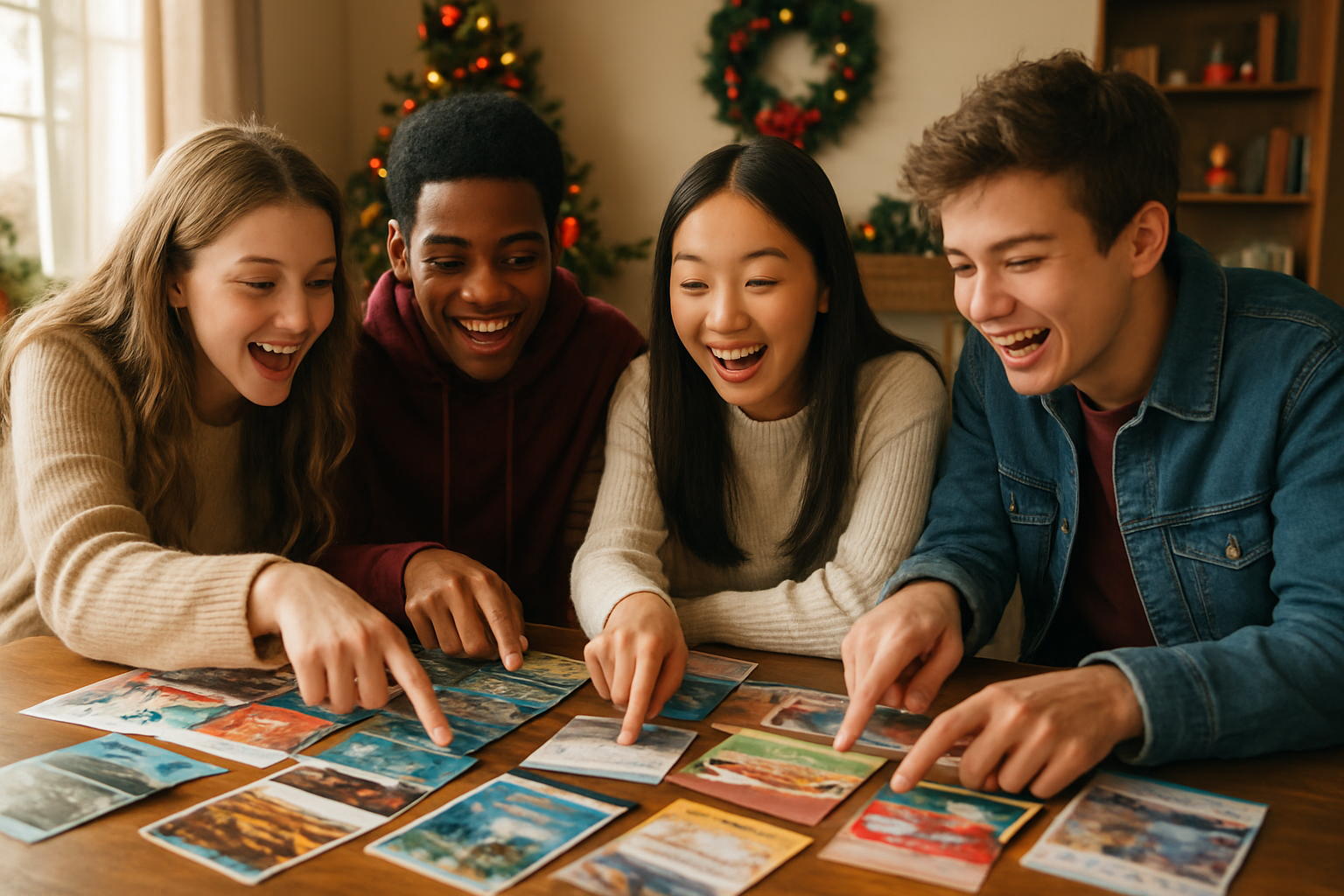 Create a realistic image of a diverse group of teenagers including white, black, and Asian males and females gathered around a wooden table covered with colorful brochures, tickets, and pamphlets for various experiences like concert tickets, travel destinations, adventure activities, and workshop flyers, with excited expressions on their faces as they point at different options, warm natural lighting streaming through a window, cozy indoor setting with a festive Christmas atmosphere including subtle holiday decorations in the background, absolutely NO text should be in the scene.