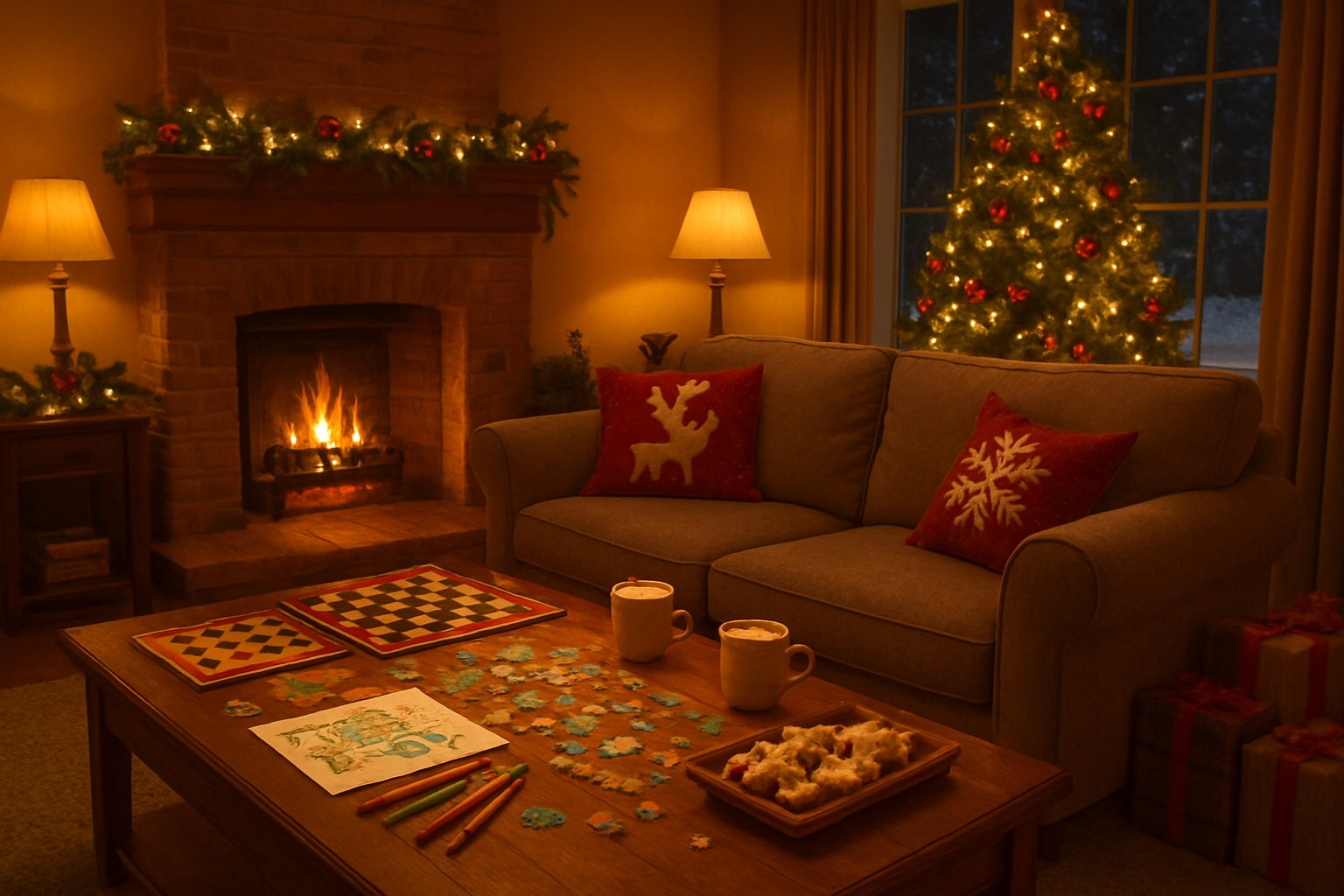 Create a realistic image of a cozy living room during Christmas time with warm golden lighting from table lamps and a fireplace, featuring a comfortable sofa with holiday-themed throw pillows, a coffee table with various indoor Christmas activities laid out including board games, puzzle pieces, craft supplies, hot cocoa mugs, and Christmas cookies, with a decorated Christmas tree with twinkling lights in the background, festive garland draped around the room, and snow visible through a window, creating a warm inviting atmosphere perfect for indoor holiday entertainment, absolutely NO text should be in the scene.