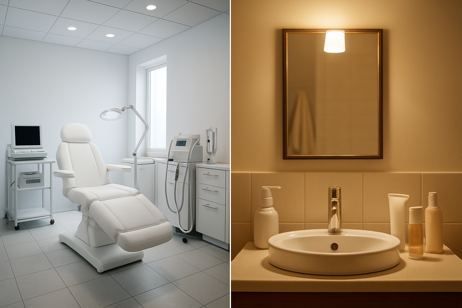 Create a realistic image of a split-screen comparison showing a luxurious professional dermatology clinic on the left side with modern equipment, clean white examination chair, advanced skincare devices, and sterile medical environment, contrasted with a basic home bathroom setting on the right side showing simple skincare products on a counter, mirror, and basic lighting, emphasizing the difference in quality and sophistication between professional and home treatments, bright clinical lighting on the professional side versus warm domestic lighting on the home side, absolutely NO text should be in the scene.