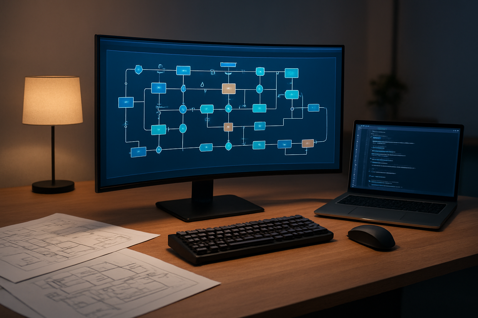 Create a realistic image of a modern software development workspace featuring a large curved monitor displaying a complex pipeline architecture diagram with interconnected nodes, arrows, and flowchart elements representing CI/CD processes, a clean desk setup with a mechanical keyboard and wireless mouse, architectural blueprint papers scattered nearby showing infrastructure diagrams, a secondary laptop screen showing code configuration files, warm ambient lighting from a desk lamp creating a focused work environment, and a minimalist office background with subtle tech company aesthetic. Absolutely NO text should be in the scene.
