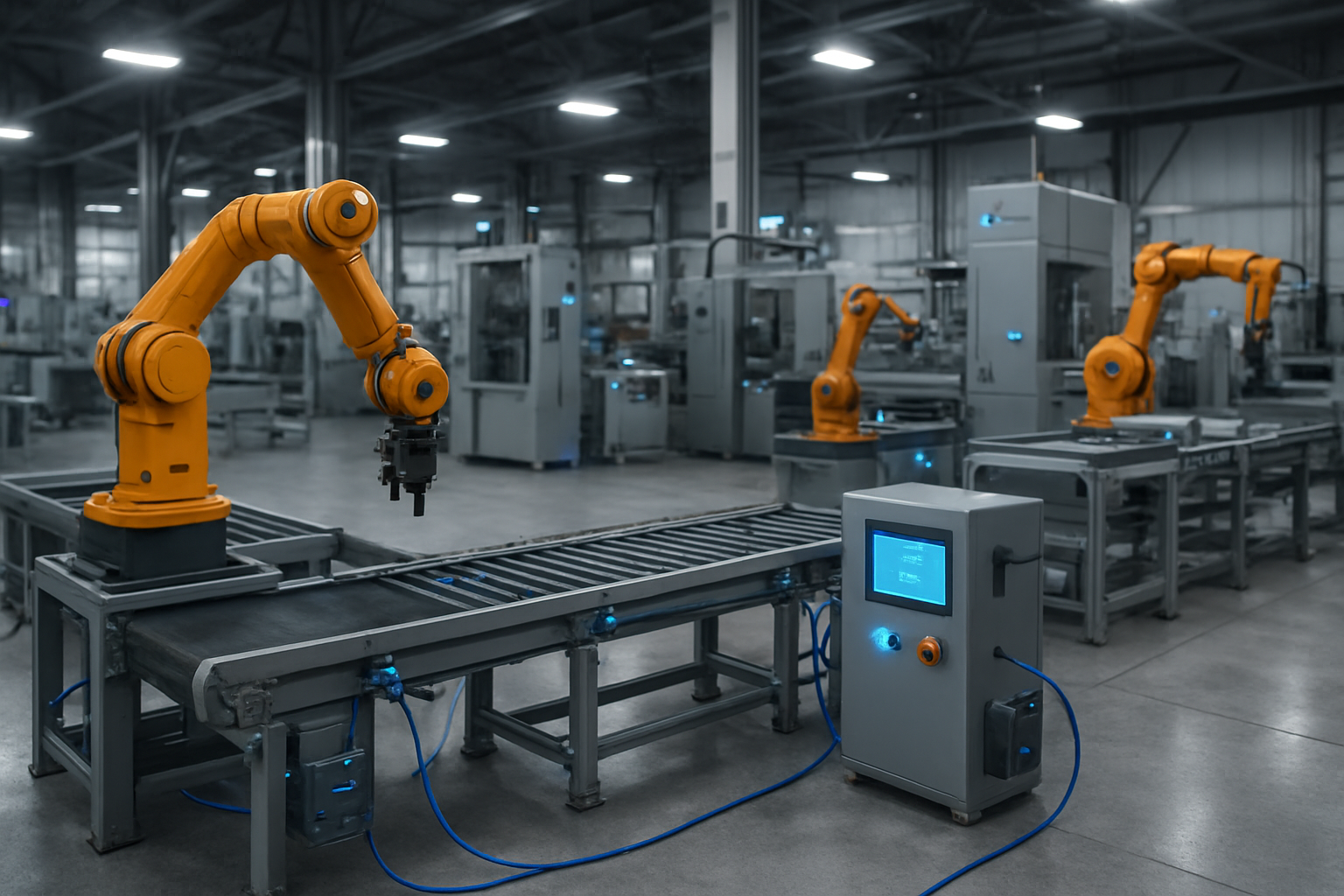 Create a realistic image of a modern industrial factory floor with various manufacturing equipment including robotic arms, conveyor belts, and control panels connected with visible ethernet cables and wireless sensors, small AWS IoT device modules attached to machinery, subtle blue LED indicators showing connectivity status, clean well-lit industrial environment with concrete floors and metal framework, professional lighting highlighting the integration of digital technology with traditional manufacturing equipment, absolutely NO text should be in the scene.