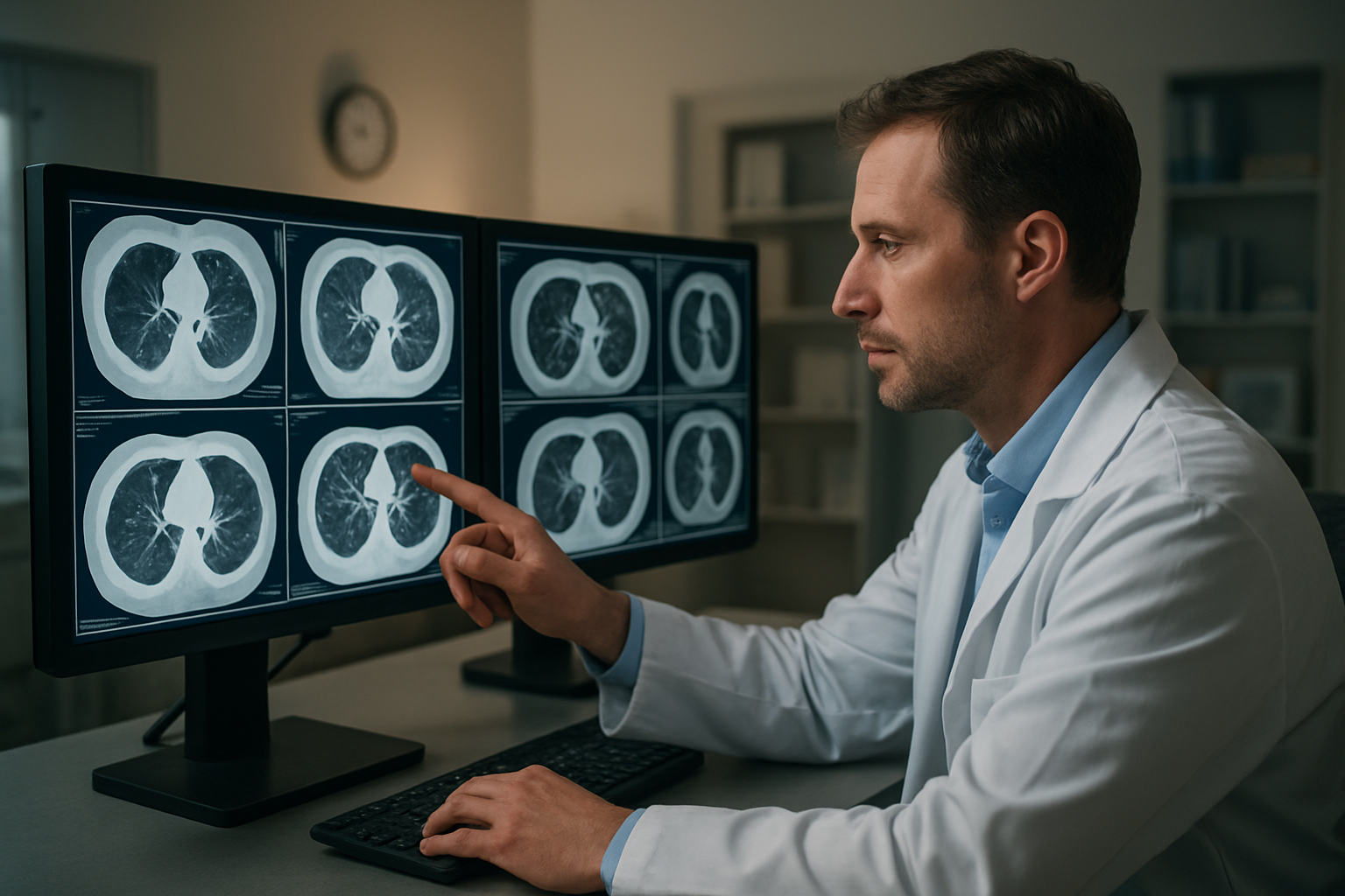 Create a realistic image of a white male radiologist in his 40s wearing a white lab coat sitting at a modern medical workstation, carefully examining detailed HRCT chest scan images displayed on multiple high-resolution monitors, with his hand pointing to specific areas on the lung scans while reviewing patient results, surrounded by a clean, well-lit radiology reading room with medical equipment and reference materials visible in the background, professional hospital environment with soft ambient lighting, absolutely NO text should be in the scene.