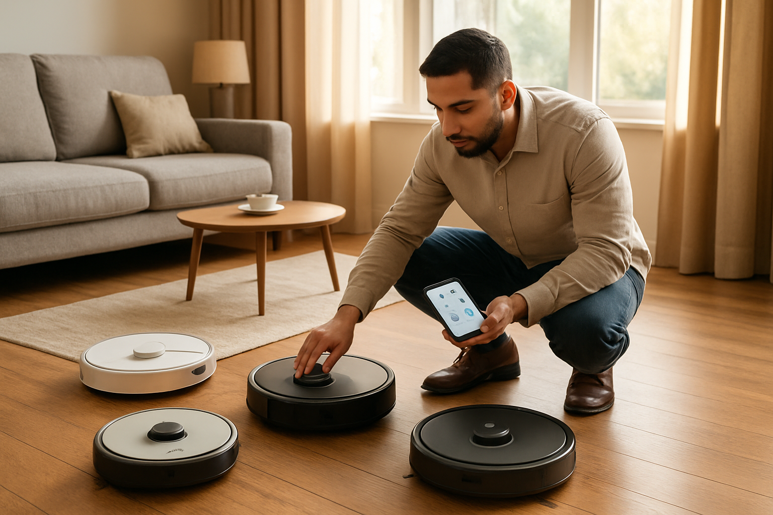 Create a realistic image of a modern living room showcasing the selection process for robotic vacuum cleaners, featuring multiple sleek robot vacuums of different sizes and designs positioned on a clean hardwood floor, with a Middle Eastern male homeowner in his 30s crouching down examining the features of one vacuum while holding a smartphone displaying comparison charts, surrounded by home furniture including a contemporary sofa, coffee table, and area rug, with warm natural lighting streaming through large windows creating a bright and inviting atmosphere that emphasizes the smart home technology selection process, absolutely NO text should be in the scene.