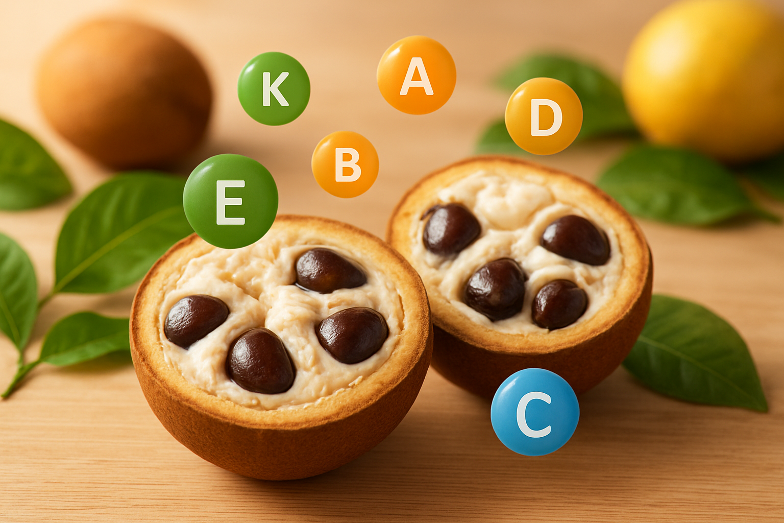 Create a realistic image of fresh cupuacu fruits cut in half displaying their creamy white pulp and dark seeds, surrounded by vibrant nutritional elements like vitamin icons floating around them, set on a clean wooden surface with soft natural lighting from above, complemented by fresh green leaves and other tropical fruits in the background to emphasize the nutritional powerhouse concept, with a warm and inviting atmosphere that highlights the fruit's health benefits, absolutely NO text should be in the scene.