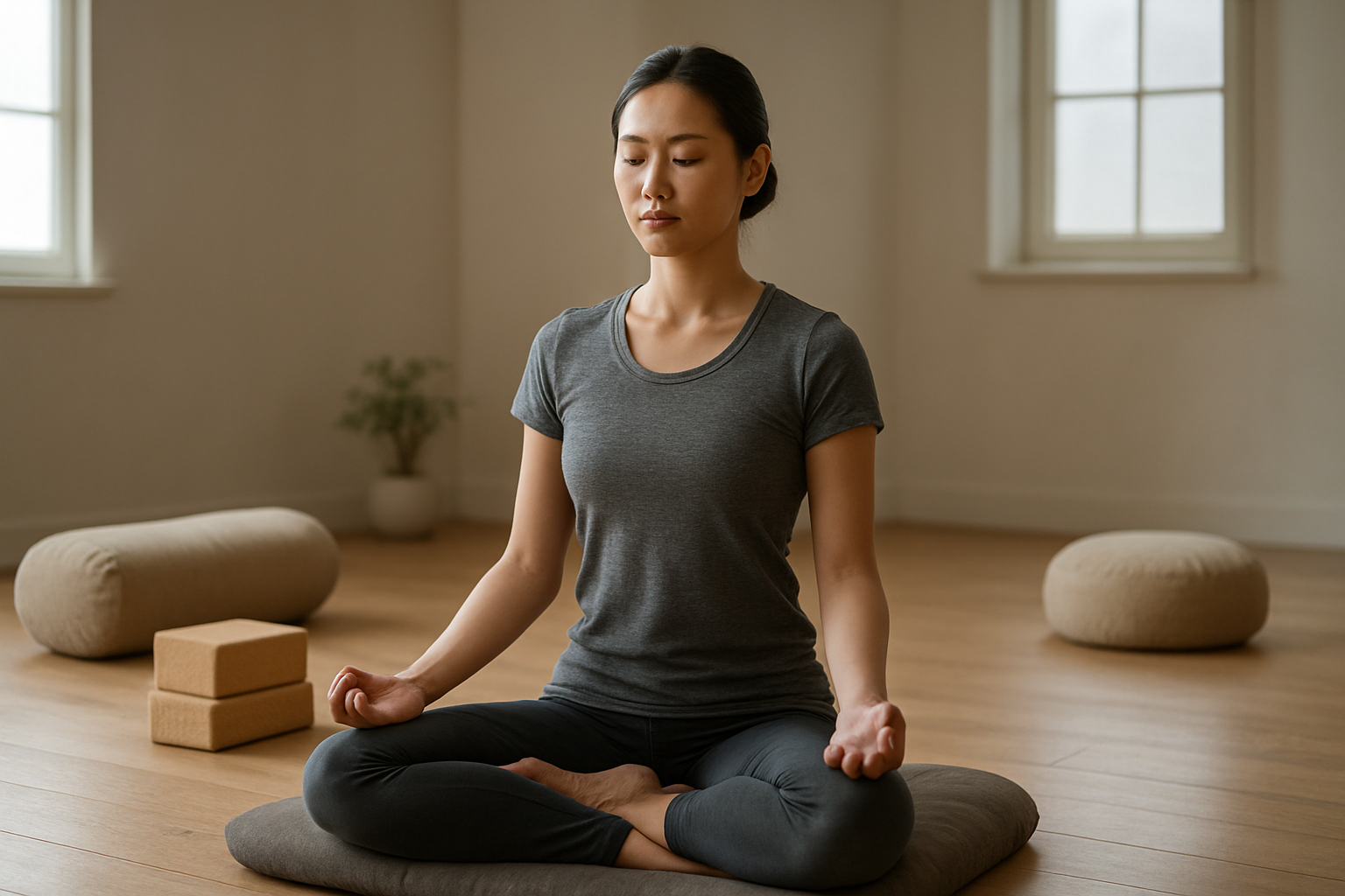 Create a realistic image of an Asian female meditation instructor demonstrating advanced sitting posture in a peaceful indoor studio, showing perfect spinal alignment with hands positioned in a mudra gesture, seated on a meditation cushion with props like bolsters and blocks nearby for posture support, soft natural lighting streaming through windows, serene and focused atmosphere with wooden floors and minimal zen decor in the background, absolutely NO text should be in the scene.