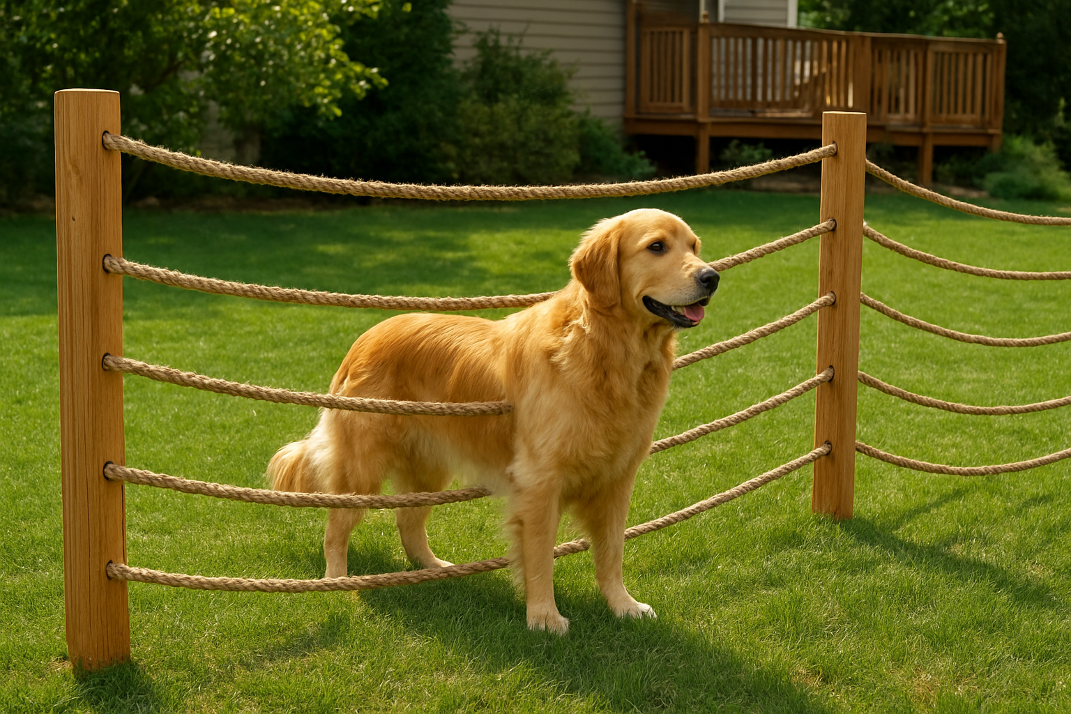 Create a realistic image of a backyard dog fence made from thick rope and paracord stretched between wooden posts, showing a creative barrier system with rope woven in horizontal patterns at different heights, a medium-sized golden retriever standing safely inside the enclosed area, green grass ground, residential backyard setting with a wooden deck visible in the background, bright natural daylight, peaceful suburban atmosphere, absolutely NO text should be in the scene.
