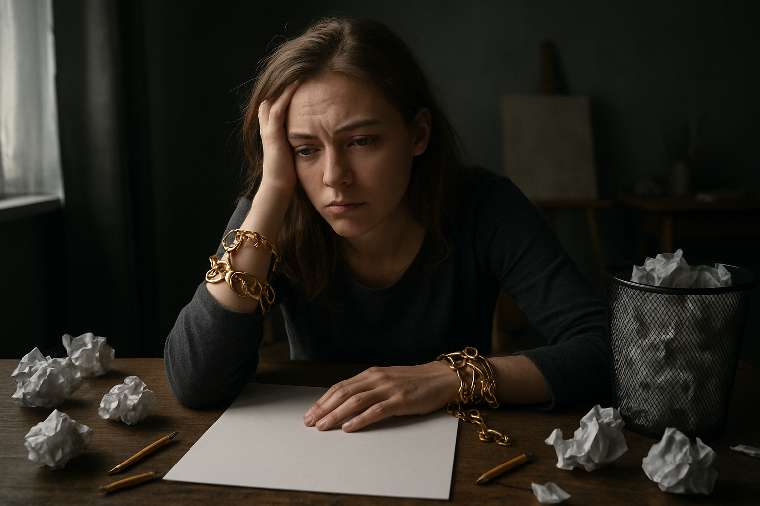 Create a realistic image of a young white female sitting at a desk surrounded by crumpled papers, broken pencils, and an overflowing trash bin, looking frustrated and exhausted while staring at a blank canvas or paper, with chains made of golden perfectionist symbols loosely wrapped around her wrists, set in a dimly lit room with soft window light creating contrast between shadow and light, symbolizing the constraining nature of perfectionism, with scattered art supplies and unfinished projects in the background suggesting stunted creativity and growth, absolutely NO text should be in the scene.