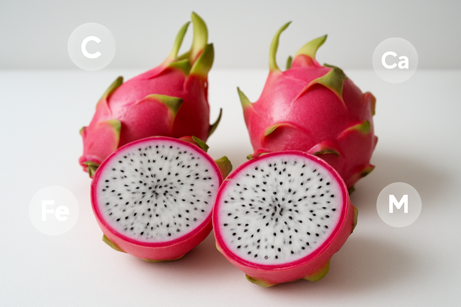 Create a realistic image of fresh dragon fruit cut in half displaying its white flesh with black seeds alongside whole dragon fruits with vibrant pink exterior skin, arranged on a clean white surface with scattered vitamins and minerals symbols like vitamin C, iron, and calcium icons floating subtly around the fruits, soft natural lighting illuminating the scene from above, clean minimalist background with slight shadows beneath the fruits, absolutely NO text should be in the scene.