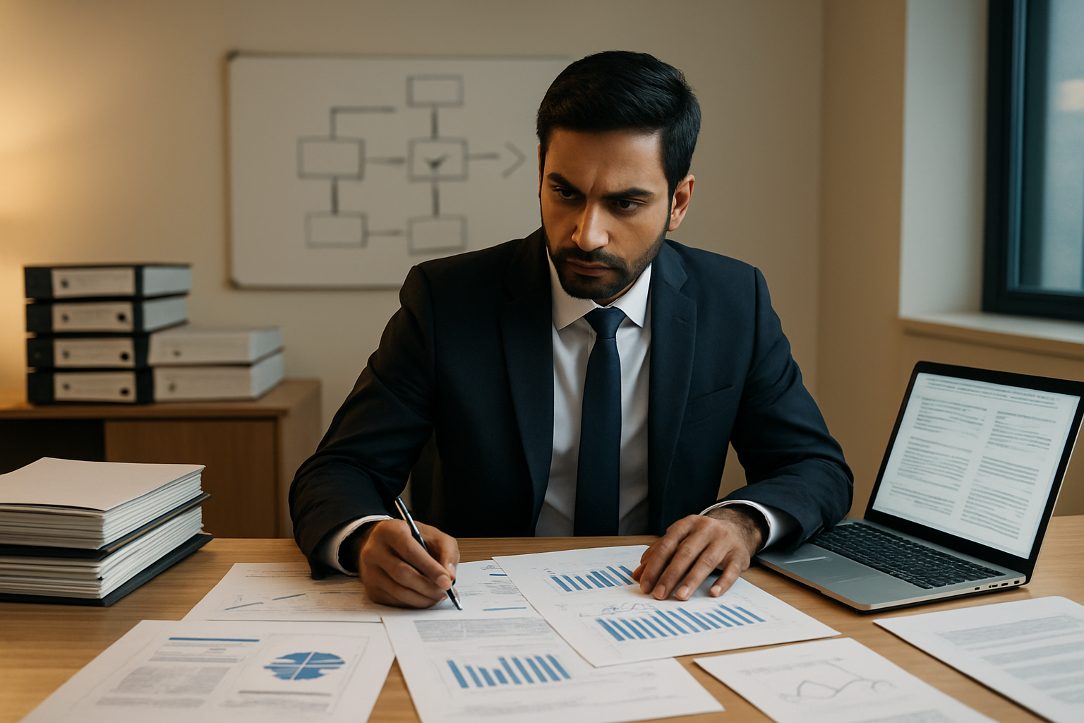 Create a realistic image of a professional South Asian male regulatory affairs specialist in a business suit sitting at a modern office desk, looking focused while reviewing multiple regulatory compliance documents and charts spread across the desk, with a laptop displaying pharmaceutical regulatory guidelines, surrounded by stacks of binders labeled with regulatory standards, a whiteboard in the background showing a problem-solving flowchart with arrows and checkmarks, warm office lighting creating a productive atmosphere, conveying determination and systematic problem-solving in a clean corporate biopharma office environment, absolutely NO text should be in the scene.
