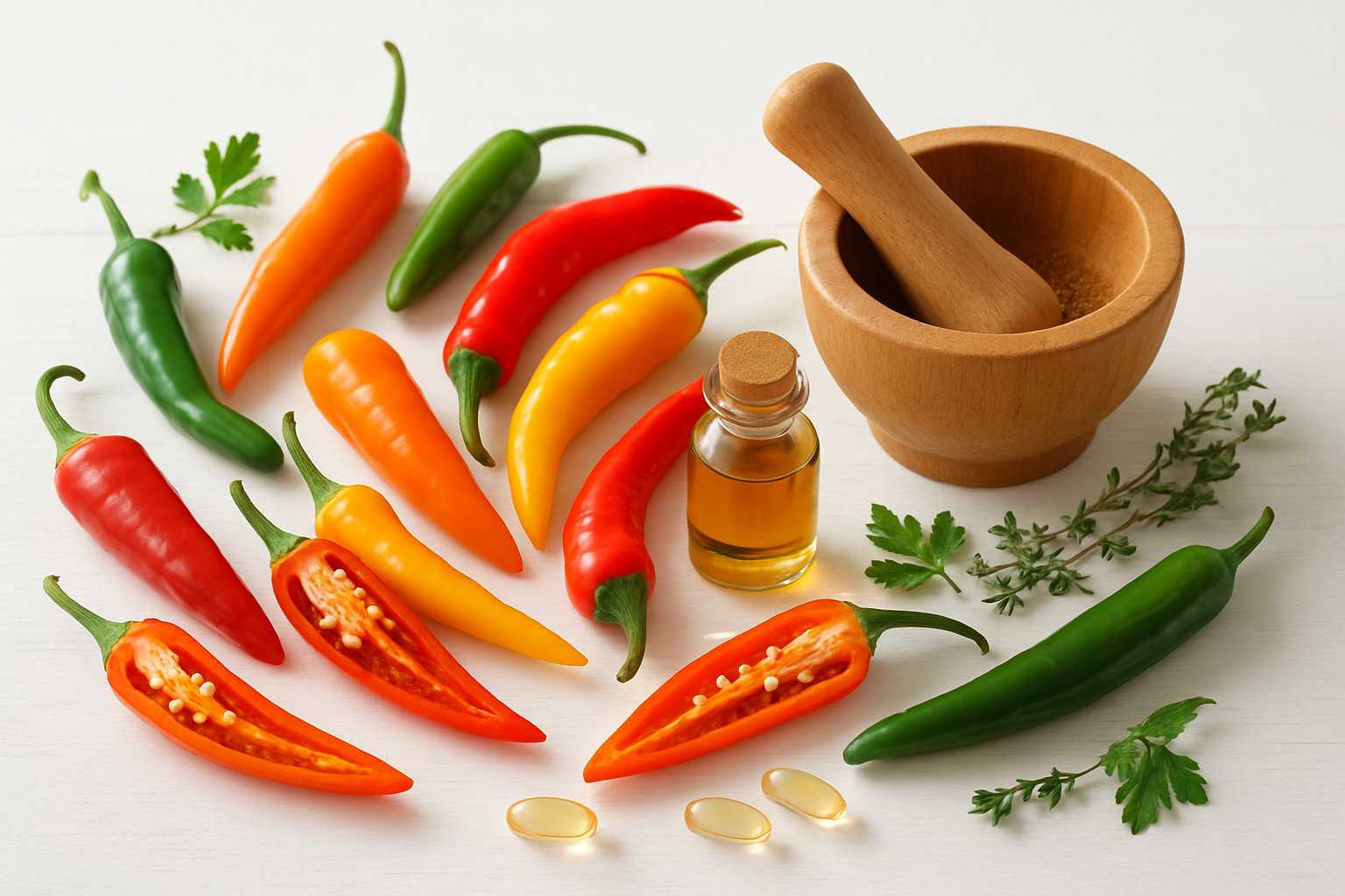 Create a realistic image of a vibrant arrangement of fresh chili peppers in various colors including red, orange, yellow, and green scattered on a clean white wooden surface, with some peppers cut in half showing their seeds and inner flesh, accompanied by natural health symbols like a wooden mortar and pestle, fresh herbs, a small glass bottle of chili oil, and subtle vitamin supplement capsules nearby, all illuminated by soft natural daylight creating gentle shadows, with a clean minimalist background that emphasizes the nutritional and health aspects of the peppers, absolutely NO text should be in the scene.