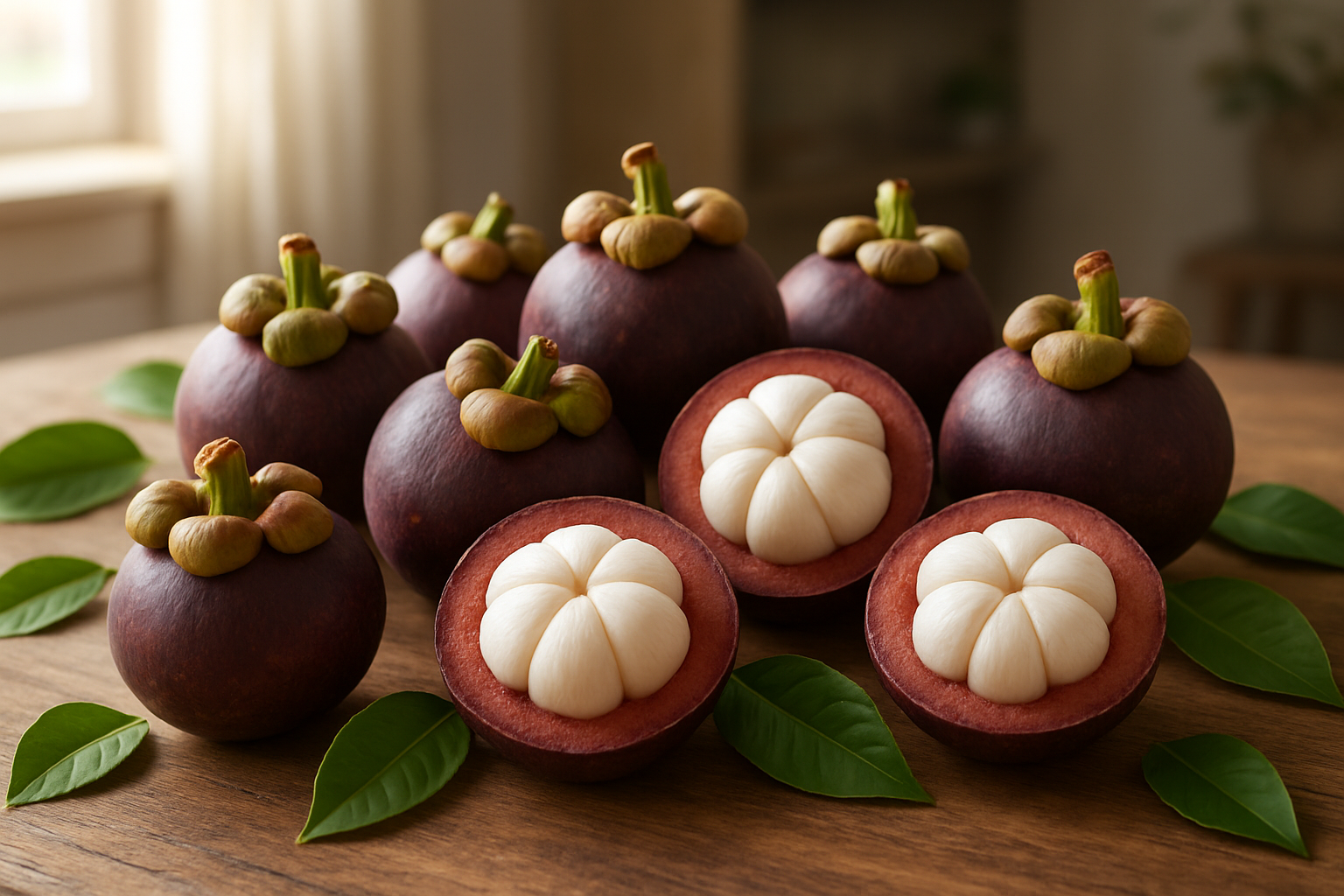 Create a realistic image of fresh mangosteen fruits arranged on a rustic wooden table, showing both whole purple mangosteen fruits with their distinctive crown-like calyx and several opened ones revealing the white segmented flesh inside, surrounded by scattered tropical leaves and soft natural lighting from a window, creating a warm and inviting atmosphere that emphasizes the exotic beauty and nutritional appeal of this tropical superfruit, with a clean kitchen or dining room background softly blurred, conveying health, wellness, and the conclusion of a comprehensive fruit guide, absolutely NO text should be in the scene.