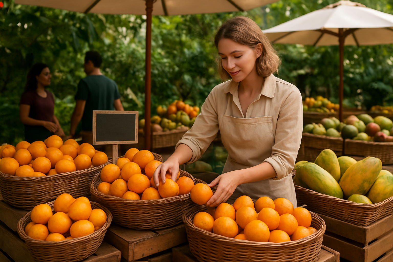 Create a realistic image of a vibrant farmer's market stall displaying fresh cocona fruits in wicker baskets and wooden crates, with price tags visible, a white female vendor arranging the colorful yellow-orange cocona fruits, other tropical fruits like papayas and mangoes in the background, warm natural lighting creating an inviting shopping atmosphere, customers browsing nearby, lush green foliage and market umbrellas providing shade, absolutely NO text should be in the scene.