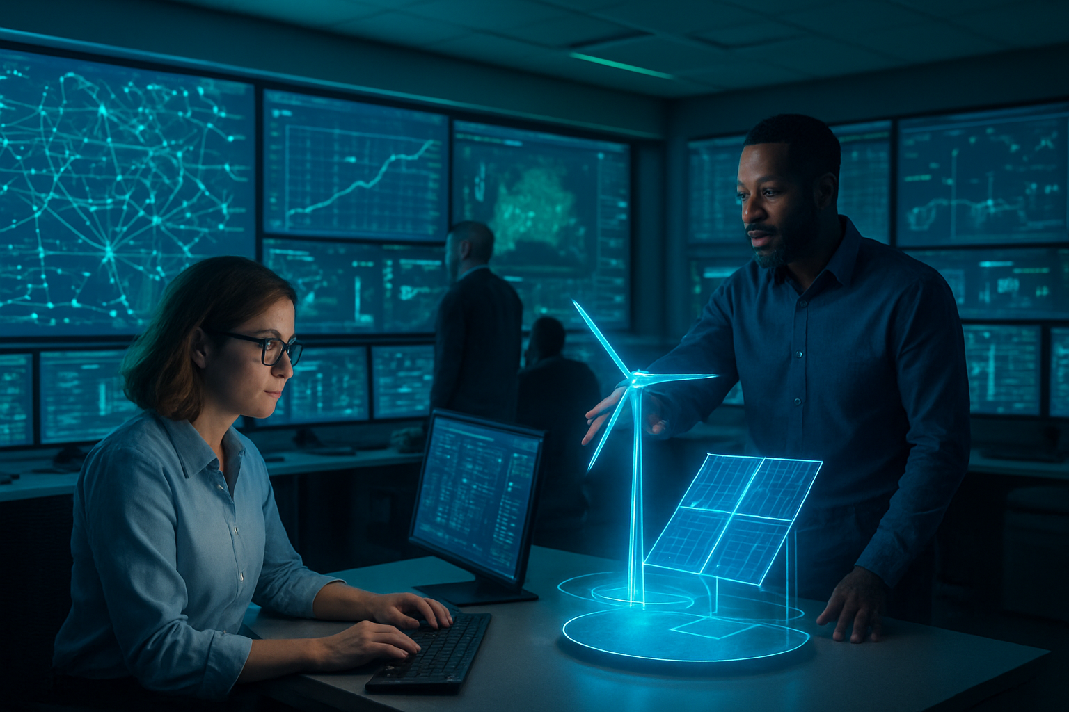 Create a realistic image of a modern energy control room with multiple large displays showing power grid networks, renewable energy data, and AI analytics dashboards, featuring a diverse team of engineers including a white female data scientist working at a computer terminal and a black male engineer pointing at a holographic projection of wind turbines and solar panels, with futuristic blue and green lighting illuminating the high-tech environment, conveying innovation and problem-solving in sustainable energy management, absolutely NO text should be in the scene.