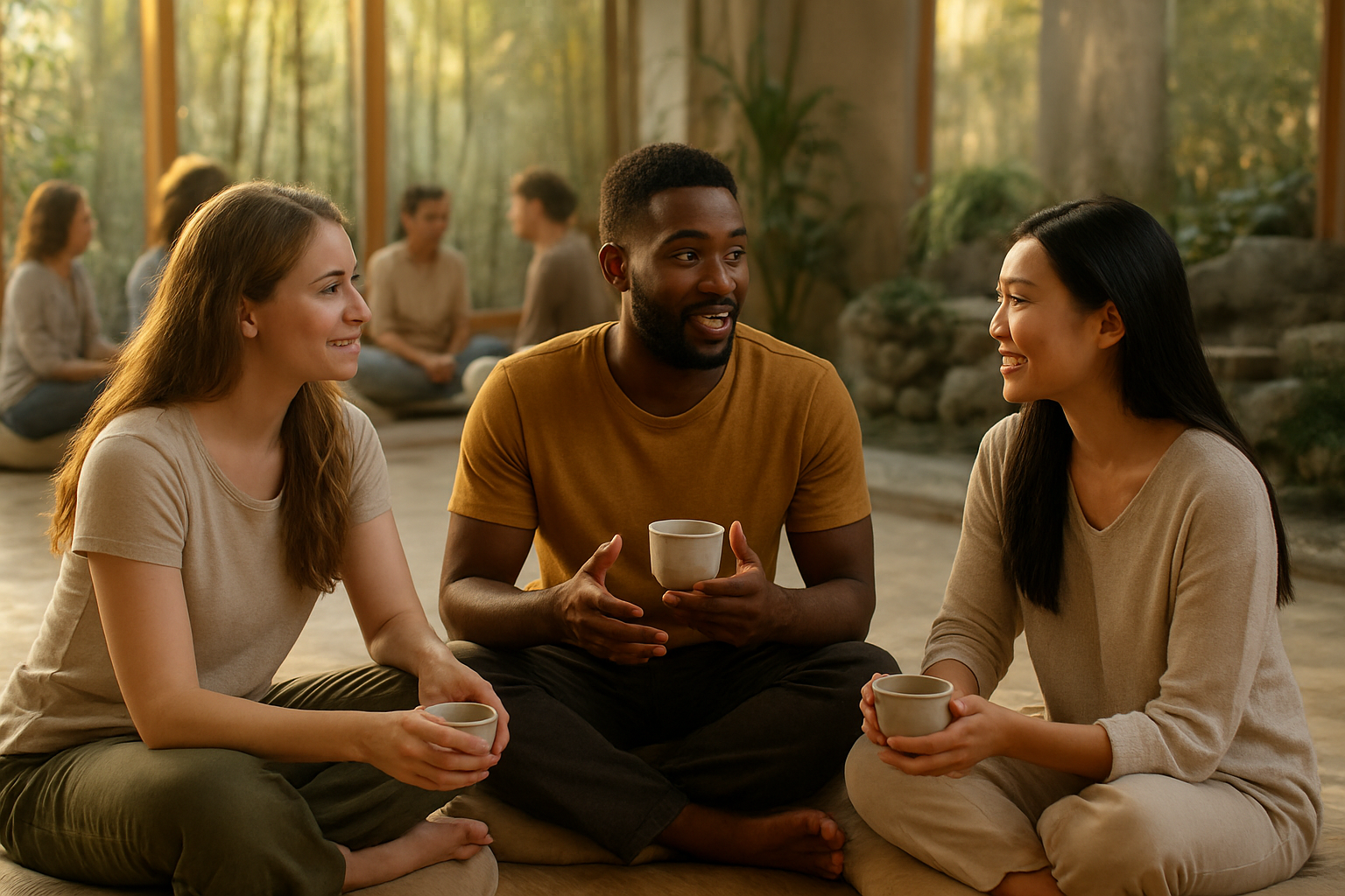Create a realistic image of a diverse group of travelers including a white female, black male, and Asian female sitting in a circle on comfortable floor cushions in a serene wellness retreat setting, engaged in deep conversation and sharing stories while holding herbal tea cups, with other travelers of various ethnicities visible in the softly blurred background participating in group activities, surrounded by natural elements like bamboo plants and stone water features, warm golden hour lighting filtering through large windows creating a peaceful and connected atmosphere, absolutely NO text should be in the scene.