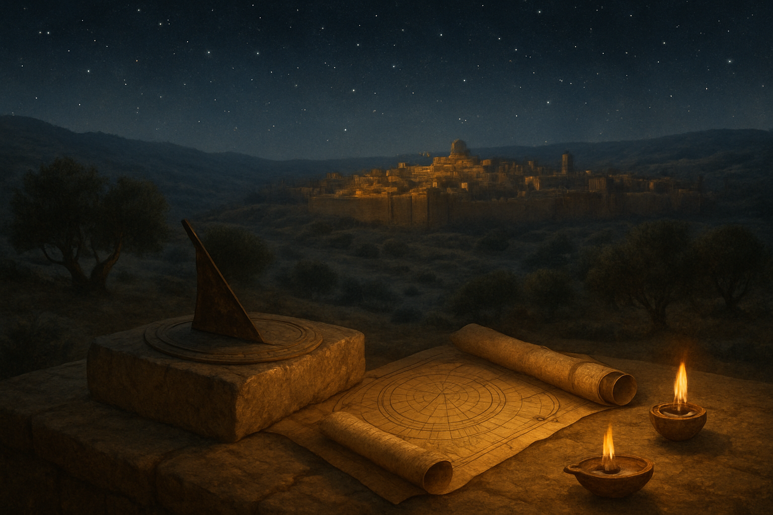 Create a realistic image of an ancient Middle Eastern landscape featuring the town of Bethlehem in the distance with stone buildings and walls under a starlit night sky, with rolling hills and olive trees in the foreground, an ancient sundial or hourglass prominently displayed on weathered stone, old parchment scrolls partially unrolled showing astronomical charts and calendar markings, warm golden lighting emanating from oil lamps casting shadows on the scrolls, creating a contemplative and prophetic atmosphere that conveys the intersection of time and place in biblical prophecy, absolutely NO text should be in the scene.