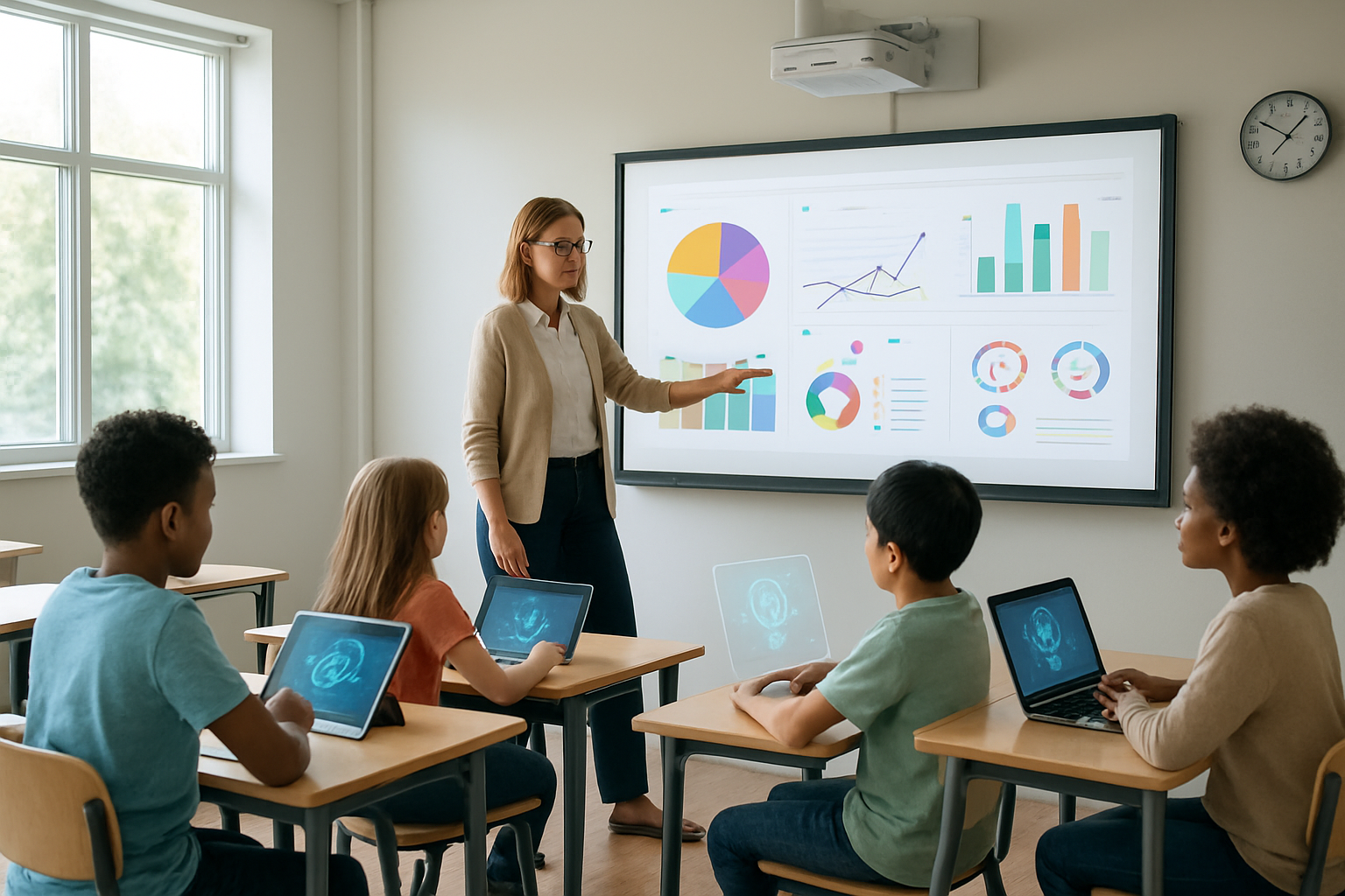 Create a realistic image of a modern classroom where a white female teacher is demonstrating AI-powered educational technology on a large interactive smart board displaying colorful data visualizations and learning analytics, while diverse students of different races use tablets and laptops at their desks, with holographic elements subtly floating above some devices showing educational content, natural daylight streaming through windows creating a bright and innovative learning atmosphere, absolutely NO text should be in the scene.