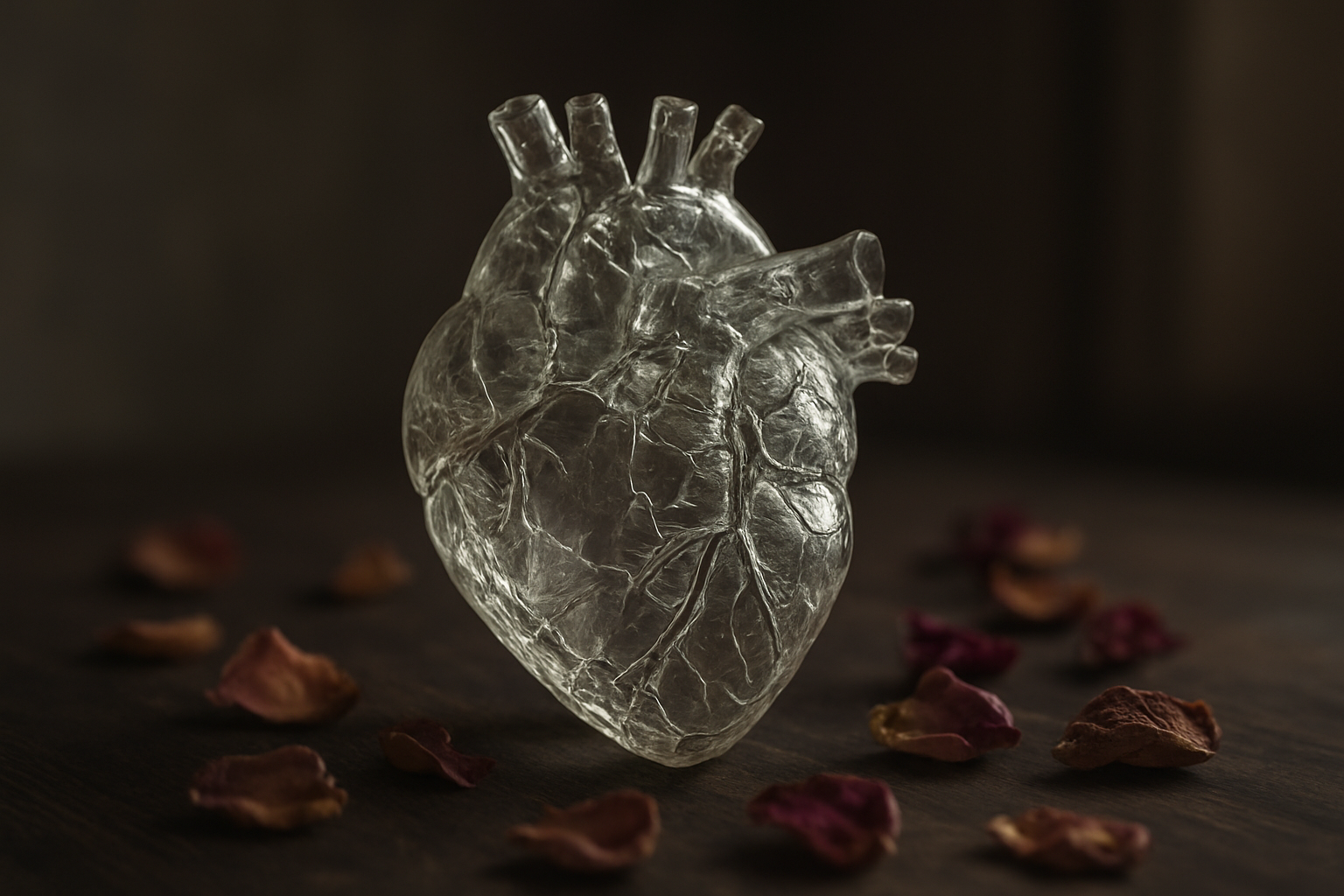 Create a realistic image of a close-up view of a human heart made of translucent glass or crystal with visible cracks and fractures running through it, sitting on a dark wooden surface, with soft dramatic lighting casting gentle shadows, surrounded by scattered wilted rose petals in muted colors, with a blurred background suggesting a quiet indoor space, conveying a mood of vulnerability and emotional fragility, absolutely NO text should be in the scene.