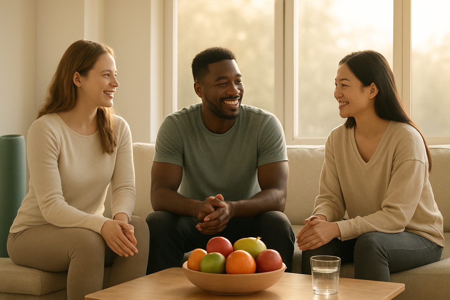 Create a realistic image of a serene morning scene featuring a diverse group of three people - one white female, one black male, and one Asian female - sitting together in a bright, minimalist living room with large windows showing soft natural daylight, surrounded by subtle symbols of healthy living including a yoga mat rolled up in the corner, a bowl of fresh colorful fruits on a wooden coffee table, a glass of water, a small potted plant, and a peaceful atmosphere that conveys renewal and positive lifestyle changes, with warm golden lighting streaming through the windows creating a hopeful and motivational mood. Absolutely NO text should be in the scene.