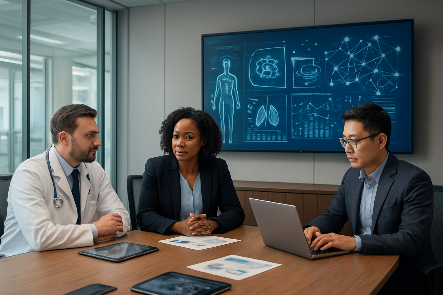 Create a realistic image of a modern conference room with diverse healthcare professionals including a white male doctor in a white coat, a black female healthcare administrator in business attire, and an Asian male IT specialist with a laptop, all gathered around a large table with digital tablets and documents, with a large wall-mounted screen displaying futuristic healthcare technology graphs and AI network diagrams, bright natural lighting from large windows, professional corporate atmosphere with glass walls showing a hospital corridor in the background, conveying collaboration and forward-thinking planning, absolutely NO text should be in the scene.