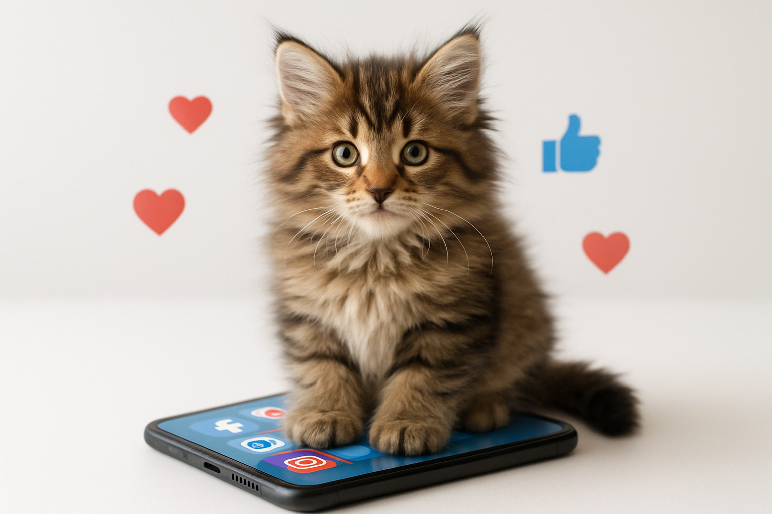 Create a realistic image of a fluffy Maine Coon kitten sitting on a modern smartphone that displays multiple social media app icons on the screen, with the kitten looking directly at the camera with bright eyes, surrounded by subtle floating heart and like button symbols in the air, set against a clean white background with soft natural lighting, conveying the concept of viral pet content and social media popularity, absolutely NO text should be in the scene.