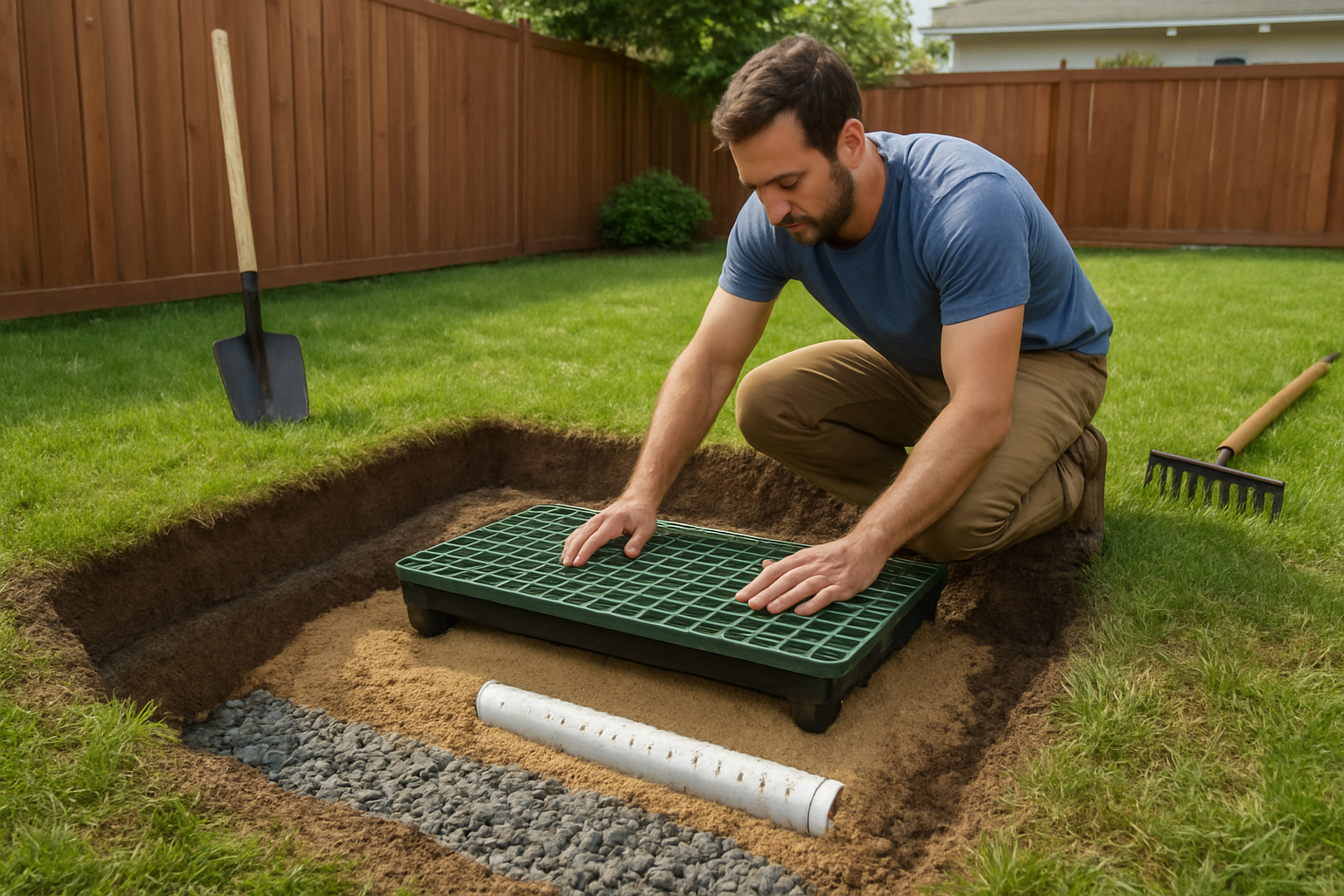 Create a realistic image of a person installing a dog potty area drainage system in a backyard, showing the step-by-step layered construction with visible cross-section of excavated ground revealing distinct layers of gravel at the bottom, sand in the middle, and drainage pipes, with construction tools like shovels and rakes nearby, natural outdoor lighting during daytime, and a residential backyard setting with grass around the work area, absolutely NO text should be in the scene.