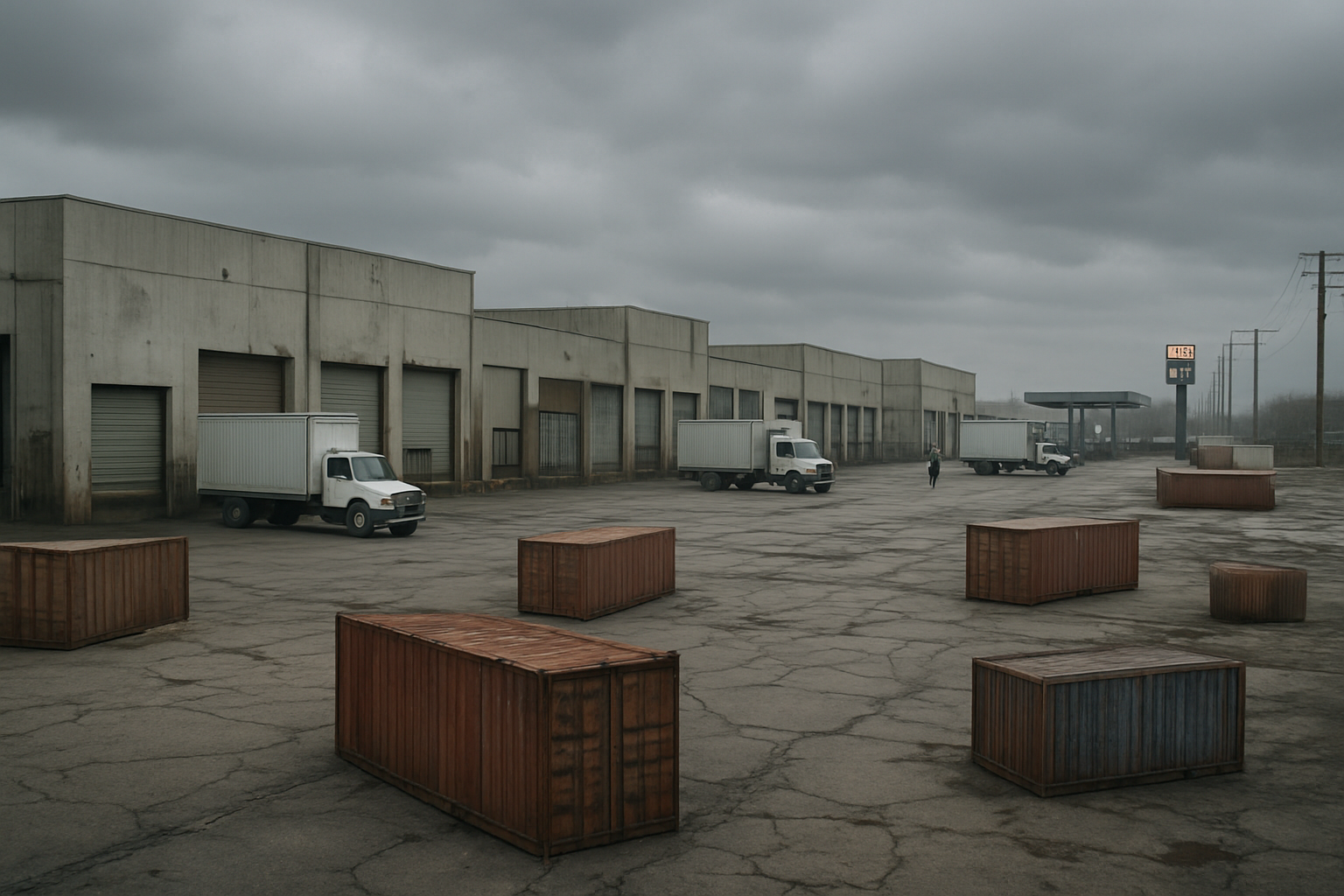 Create a realistic image of a sprawling logistics hub with multiple warehouses and distribution centers showing signs of economic strain, featuring empty loading docks with fewer trucks, some closed warehouse facilities with "For Lease" signs, abandoned shipping containers scattered across the yard, a few remaining delivery trucks with higher fuel prices displayed on a gas station in the background, cracked pavement and deteriorating infrastructure, overcast sky creating a somber mood, minimal activity with only a few white male and black female workers visible in the distance, emphasizing the long-term impact of sustained high energy costs on the logistics industry, absolutely NO text should be in the scene.