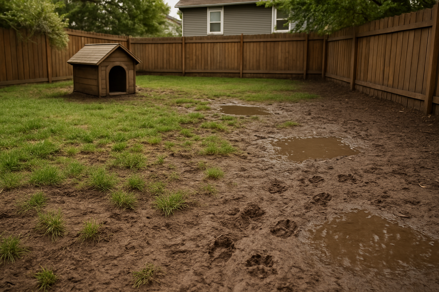 Create a realistic image of a residential backyard showing multiple muddy problem areas including worn grass patches near a dog house, muddy paw prints leading across the yard, puddles of standing water in low spots, compacted soil around fence lines, and areas where drainage appears poor, with a wooden fence in the background, natural daylight lighting, and a suburban home partially visible, captured from a homeowner's perspective to illustrate various causes of yard mud issues, absolutely NO text should be in the scene.