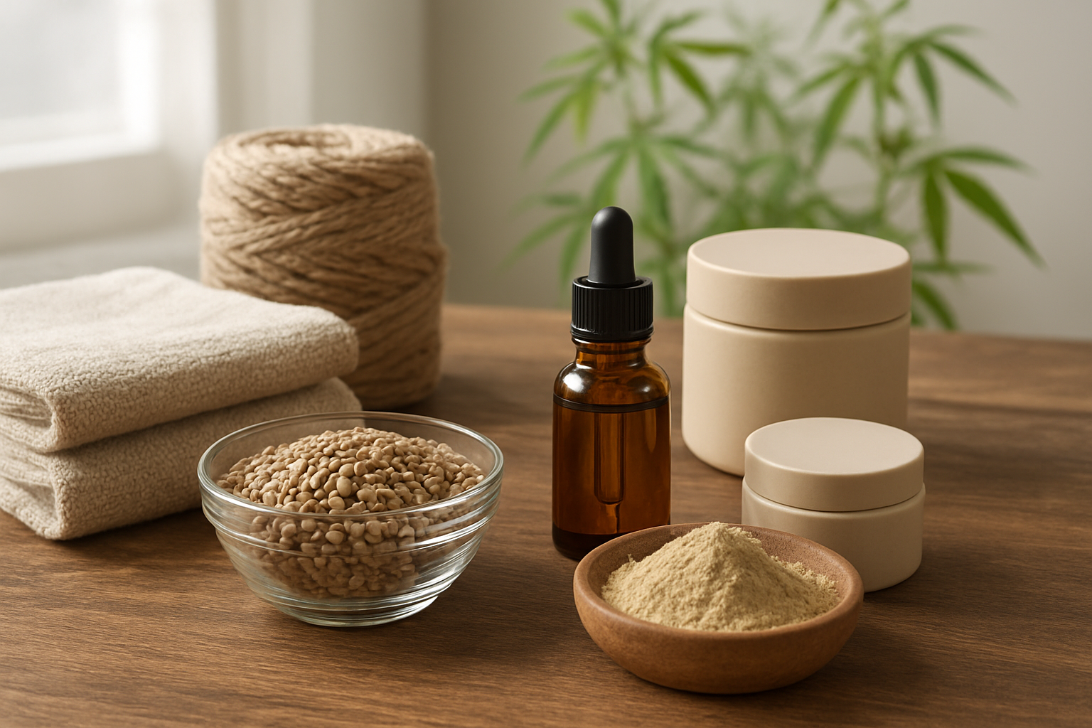 Create a realistic image of various hemp products displayed on a wooden table including hemp seeds in a glass bowl, hemp oil in a small amber bottle, hemp fabric textiles, hemp rope coiled neatly, hemp-based skincare products in containers, and hemp food items like protein powder, with natural lighting from a window creating soft shadows, clean modern background with some green hemp plants visible in the background, organized in an aesthetically pleasing arrangement that showcases the diversity of hemp applications, absolutely NO text should be in the scene.