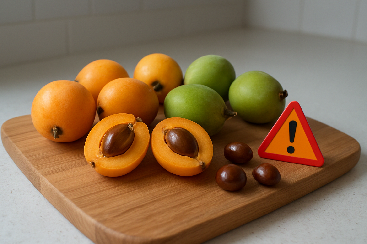 Create a realistic image of fresh loquat fruits with some showing proper ripe golden-orange color alongside unripe green ones, with a few loquat seeds separated and visible to show the large pits inside, arranged on a wooden cutting board with a small red warning symbol or caution sign nearby, natural kitchen lighting from a window, clean modern kitchen counter background, emphasizing the contrast between safe ripe fruit and potentially problematic elements like seeds and unripe fruit, absolutely NO text should be in the scene.