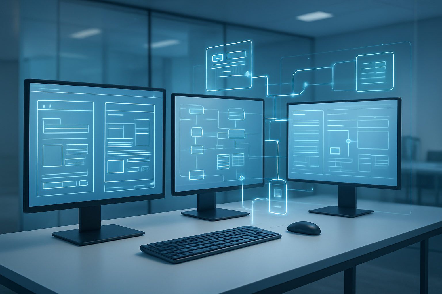 Create a realistic image of a modern digital workspace showing the foundational concepts of generative user interfaces, featuring a clean desk with multiple monitors displaying abstract UI wireframes, flowcharts, and interface building blocks, with floating holographic elements representing data flows and component structures, soft blue and white lighting creating a tech-forward atmosphere, minimalist office background with glass surfaces and contemporary design elements, emphasizing the conceptual and structural nature of UI generation processes, absolutely NO text should be in the scene.