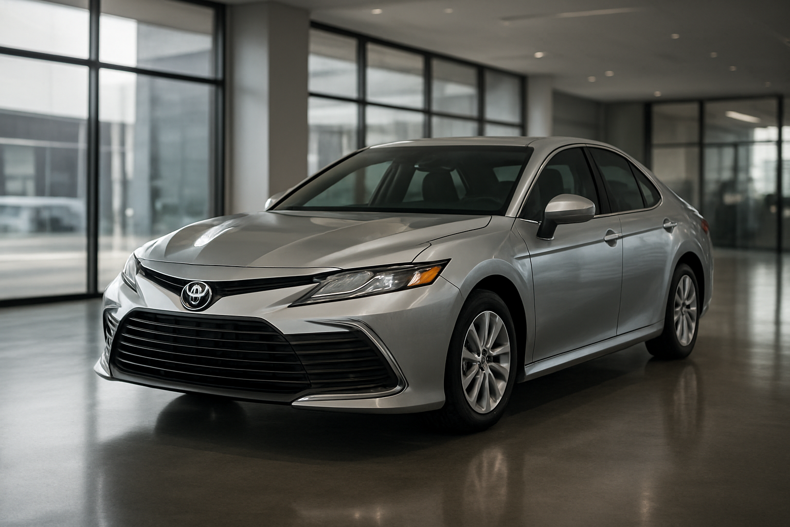 Create a realistic image of a sleek silver 2024 Toyota Camry sedan positioned at a three-quarter front angle in a modern automotive showroom with polished concrete floors and large glass windows, soft natural lighting streaming through the windows creating elegant reflections on the car's metallic paint, the vehicle's LED headlights and distinctive grille prominently displayed, with a clean minimalist background featuring blurred automotive dealership elements, conveying a premium and professional atmosphere that suggests quality and value assessment, absolutely NO text should be in the scene.