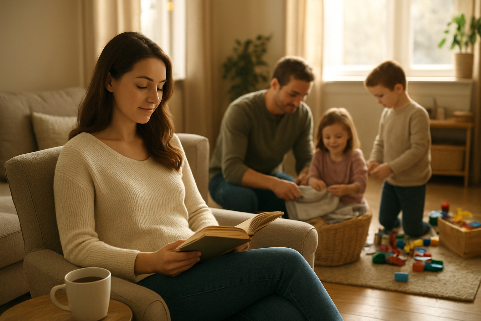 Create a realistic image of a cozy living room scene showing a white female mother sitting peacefully on a comfortable armchair reading a book with a warm cup of coffee on a side table, while in the background her white male partner and two children (one white female child, one white male child) are working together tidying up the room, folding laundry, and organizing toys, with warm natural lighting streaming through windows creating a harmonious atmosphere that suggests family cooperation and the mother finally getting a moment of rest, absolutely NO text should be in the scene.